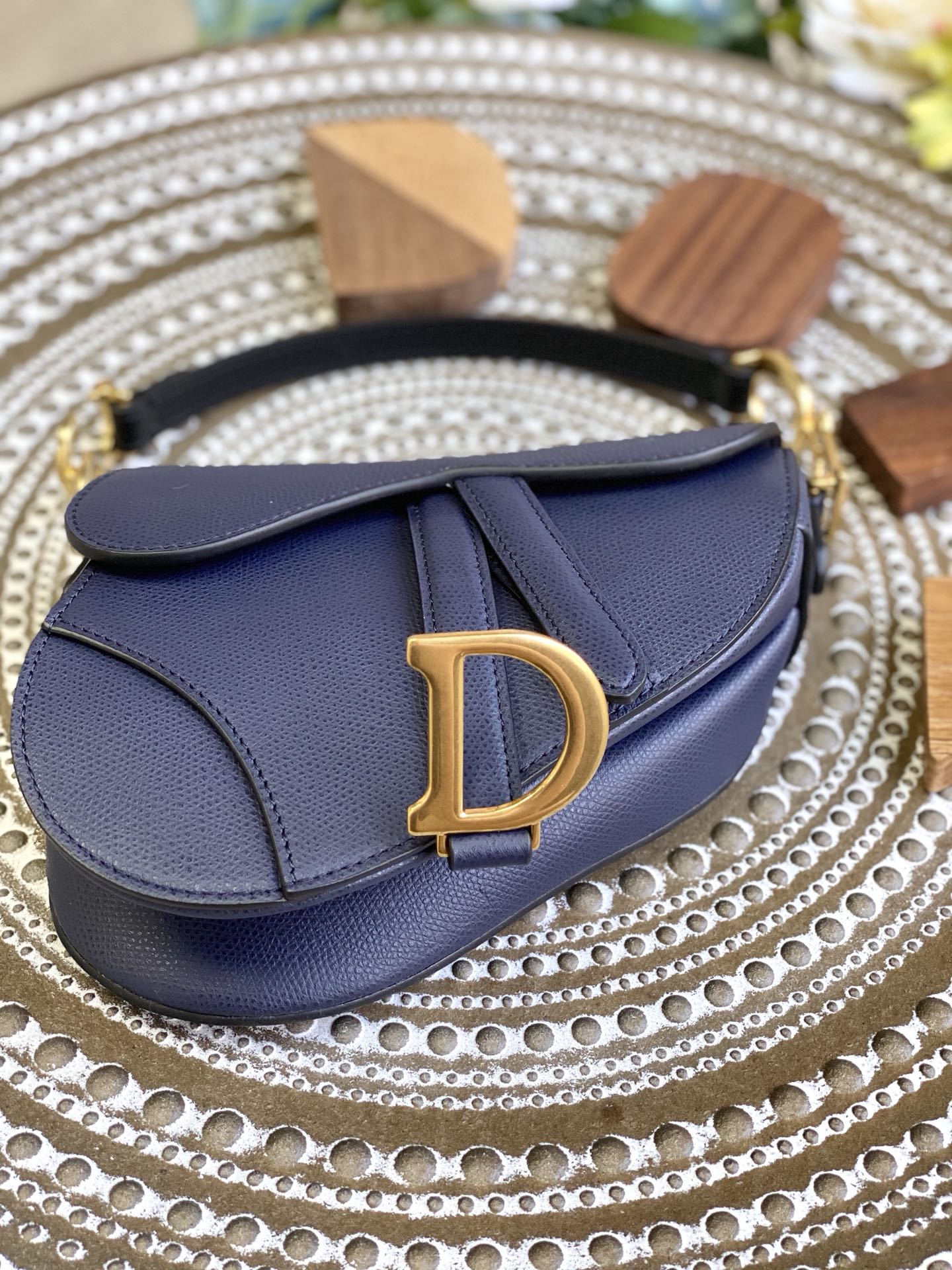Сумка Dior Saddle Bag - с принтом пальм - маленькая, темно-синяя - 19 см