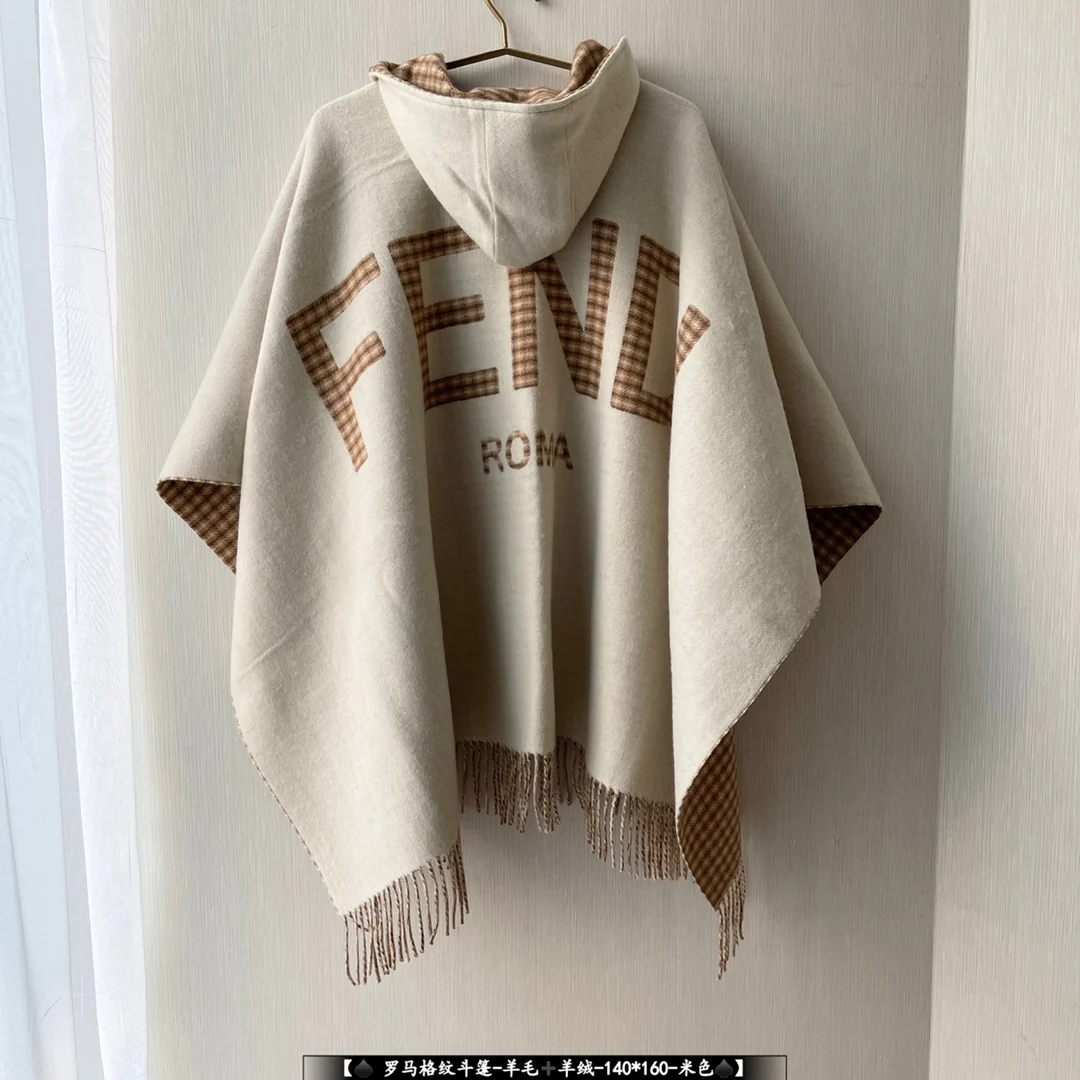 Fendi - Двусторонняя накидка в римскую клетку - 140-160 см - включая бахрому - 75 - шерсть 25 - кашемир - черный - бежевый - 1