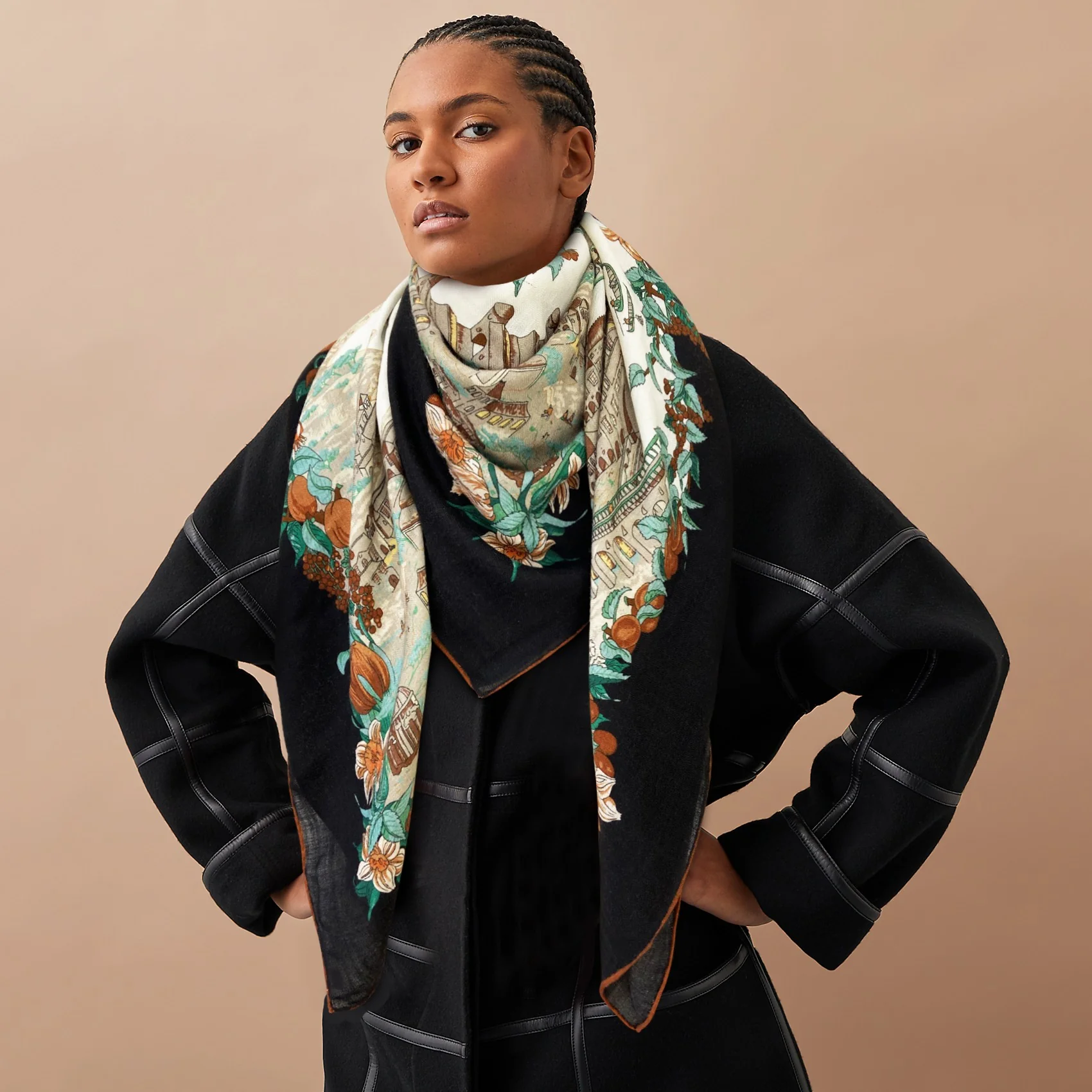 Квадратный шарф ?Замок Гермеса? — 140 см — 70 — Кашемир — 30 — Шелк