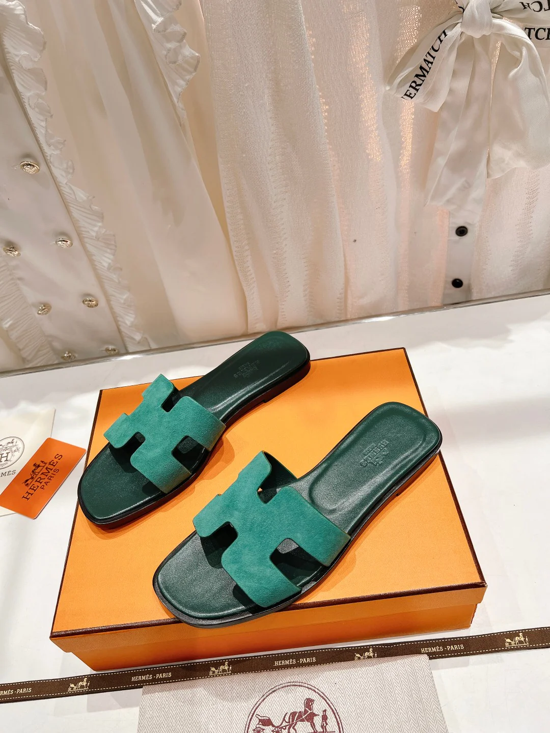 Hermes 2023 Новая модель - Улучшенная версия - Классические тапочки из овечьей кожи - Зеленые