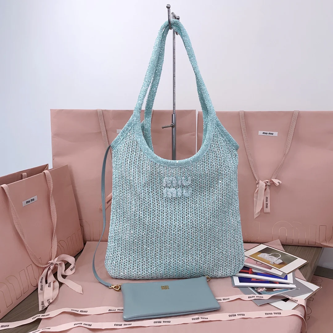 Сумка Miu Miu 5bg231 Ivy с пайетками и сетчатой ??отделкой - сине-зеленая.