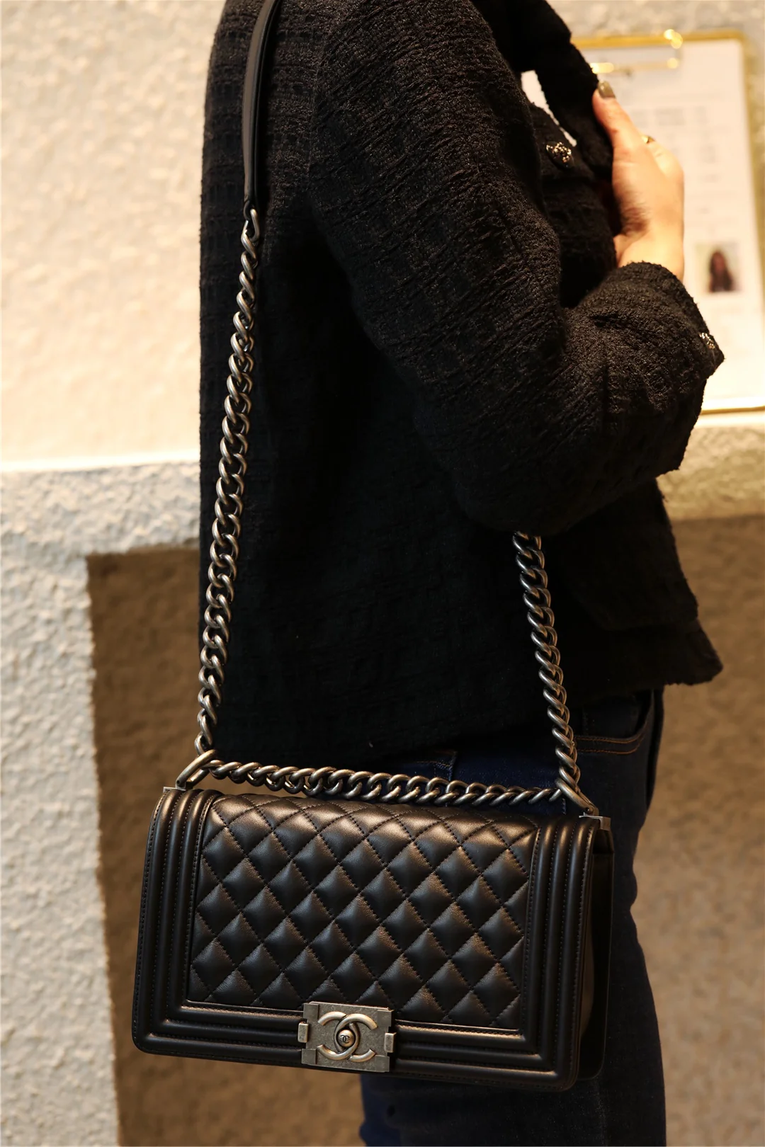 Chanel Le Boy 25 - Черная телячья кожа - Винтажная серебряная пряжка