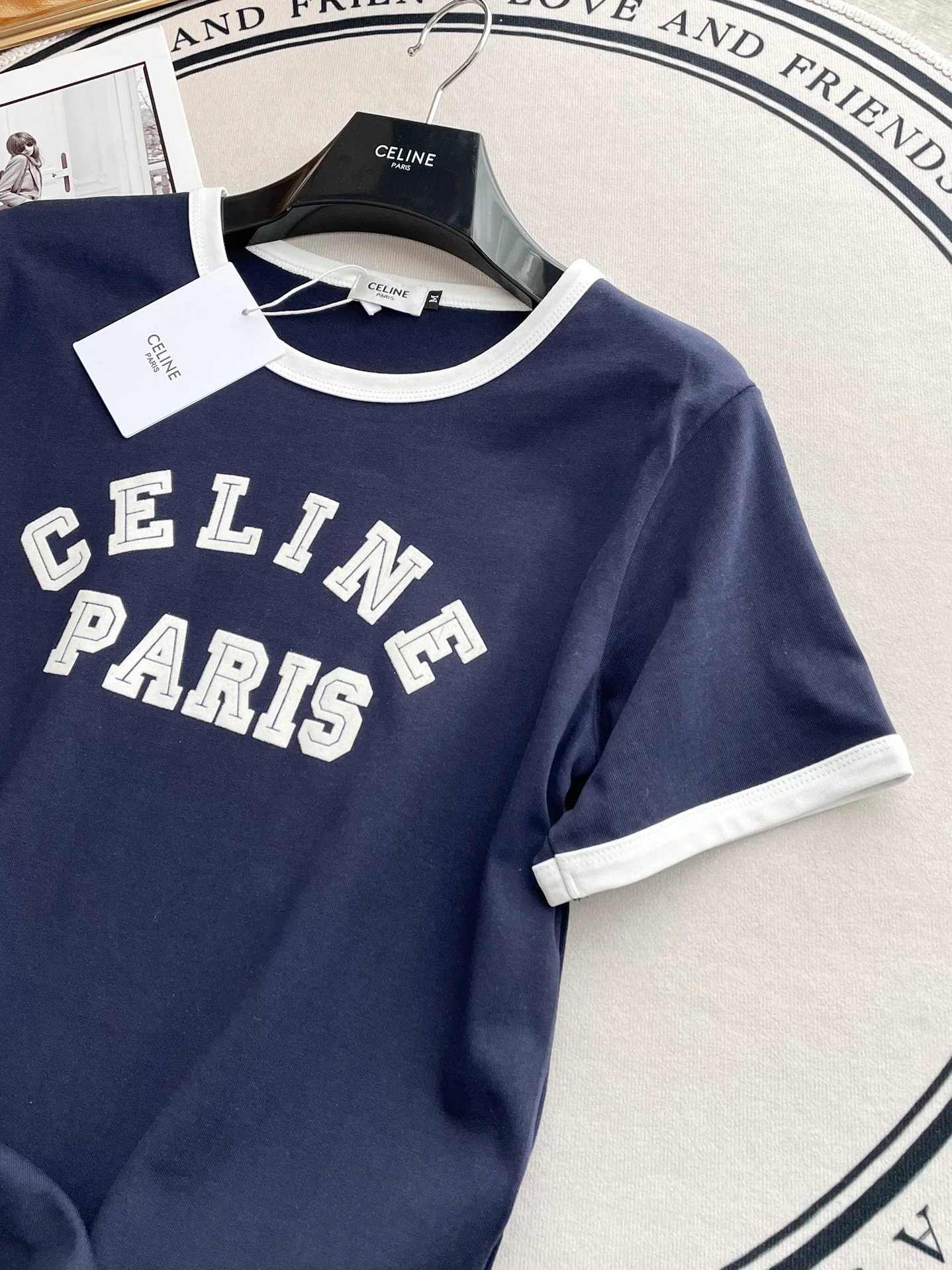 Футболка с коротким рукавом из хлопка с бархатным покрытием Celine-2404 - синяя