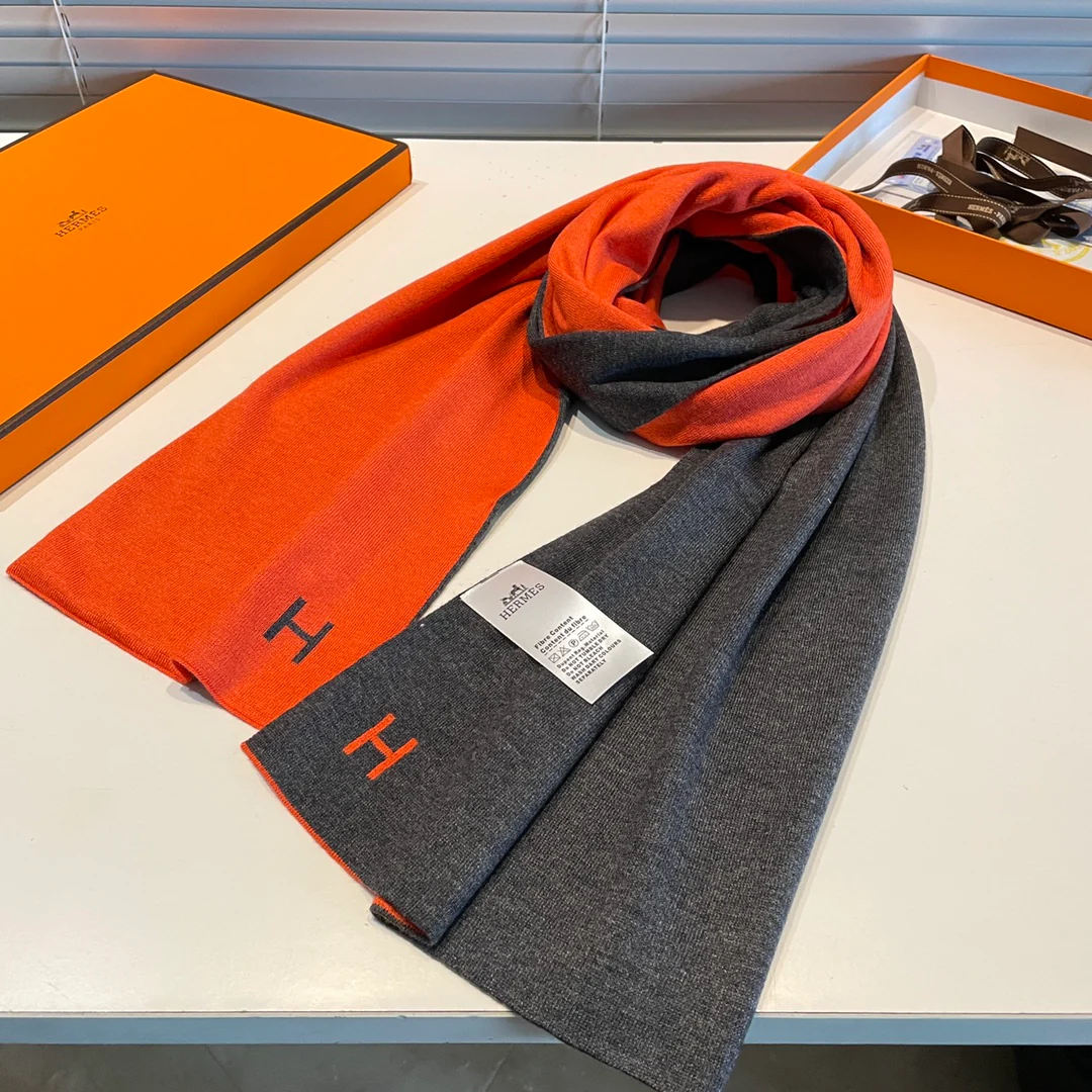 Вязаный кашемировый двусторонний шарф Hermes - 32 см - 180 см - оранжево-серый