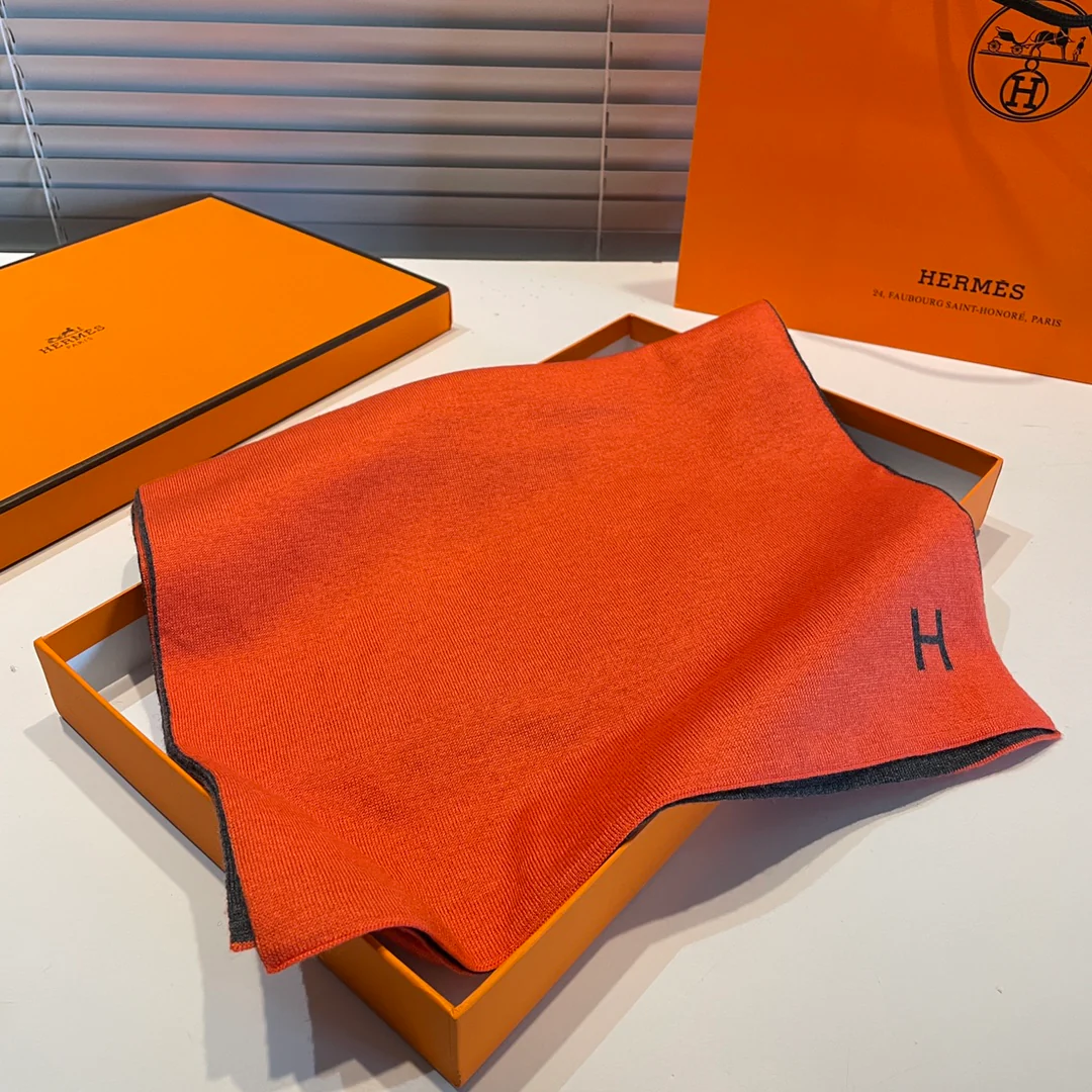 Вязаный кашемировый двусторонний шарф Hermes - 32 см - 180 см - оранжево-серый