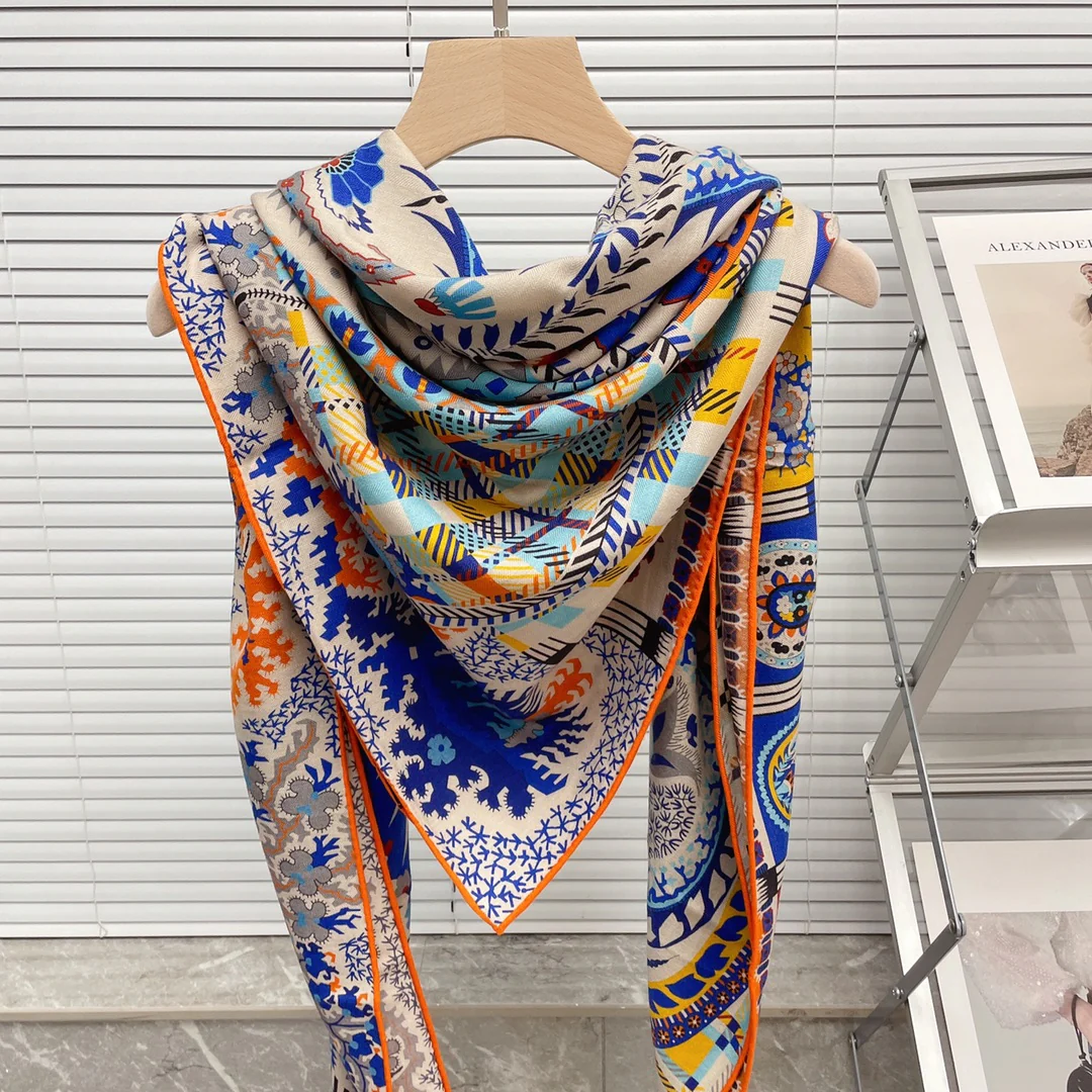 Большой двусторонний шарф Hermes - 136 см - 30 см - Шелк 70 - Шерсть 5