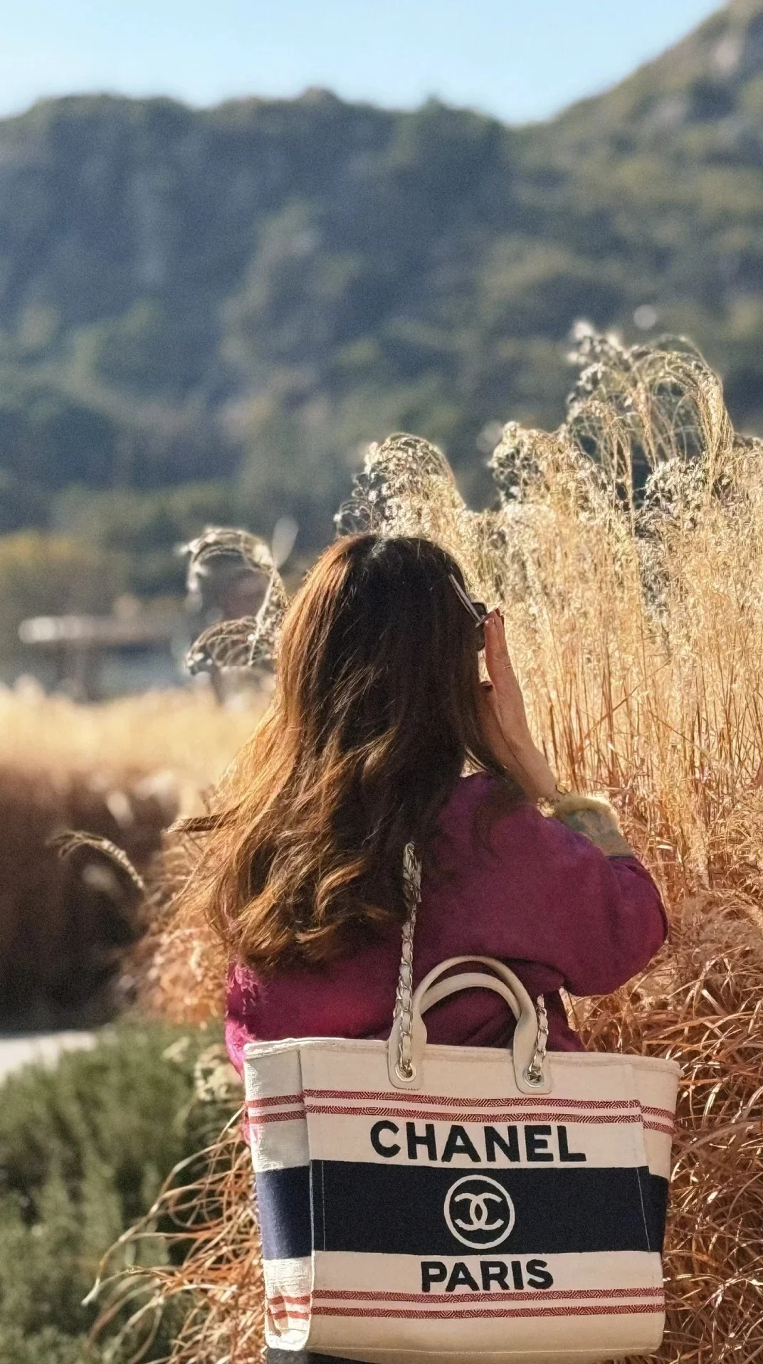 Пляжная сумка Chanel 25c, косметичка, красно-синяя.