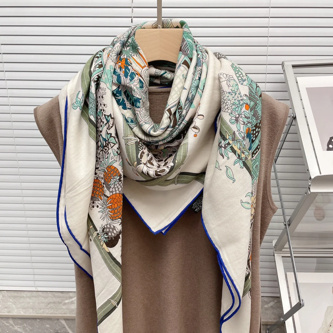 Большой двусторонний шарф Hermes - 136 см - 30 - Шелк 70 - Шерсть - 8