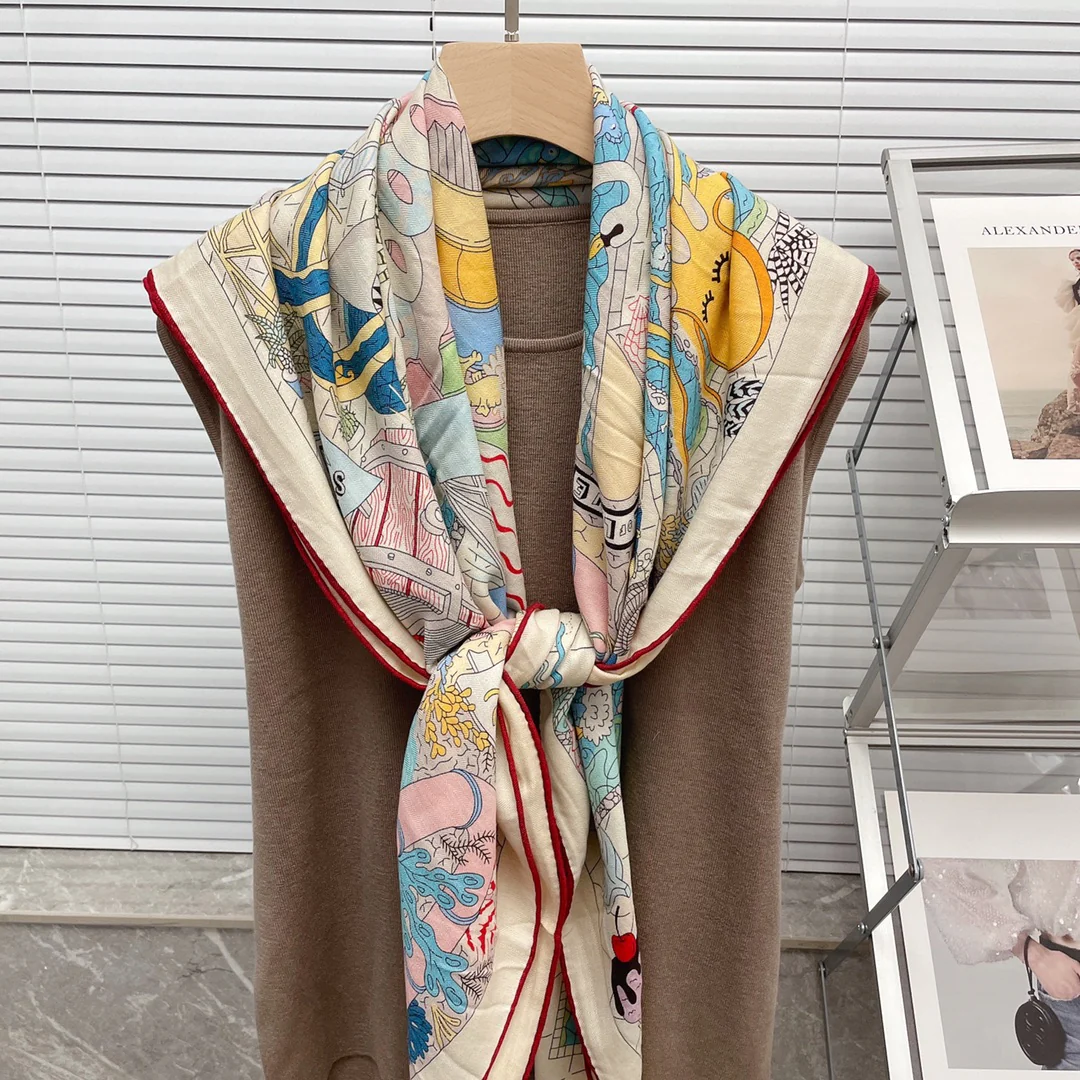 Большой двусторонний шарф Hermes - 136 см - 30 - Шелк 70 - Шерсть - 4