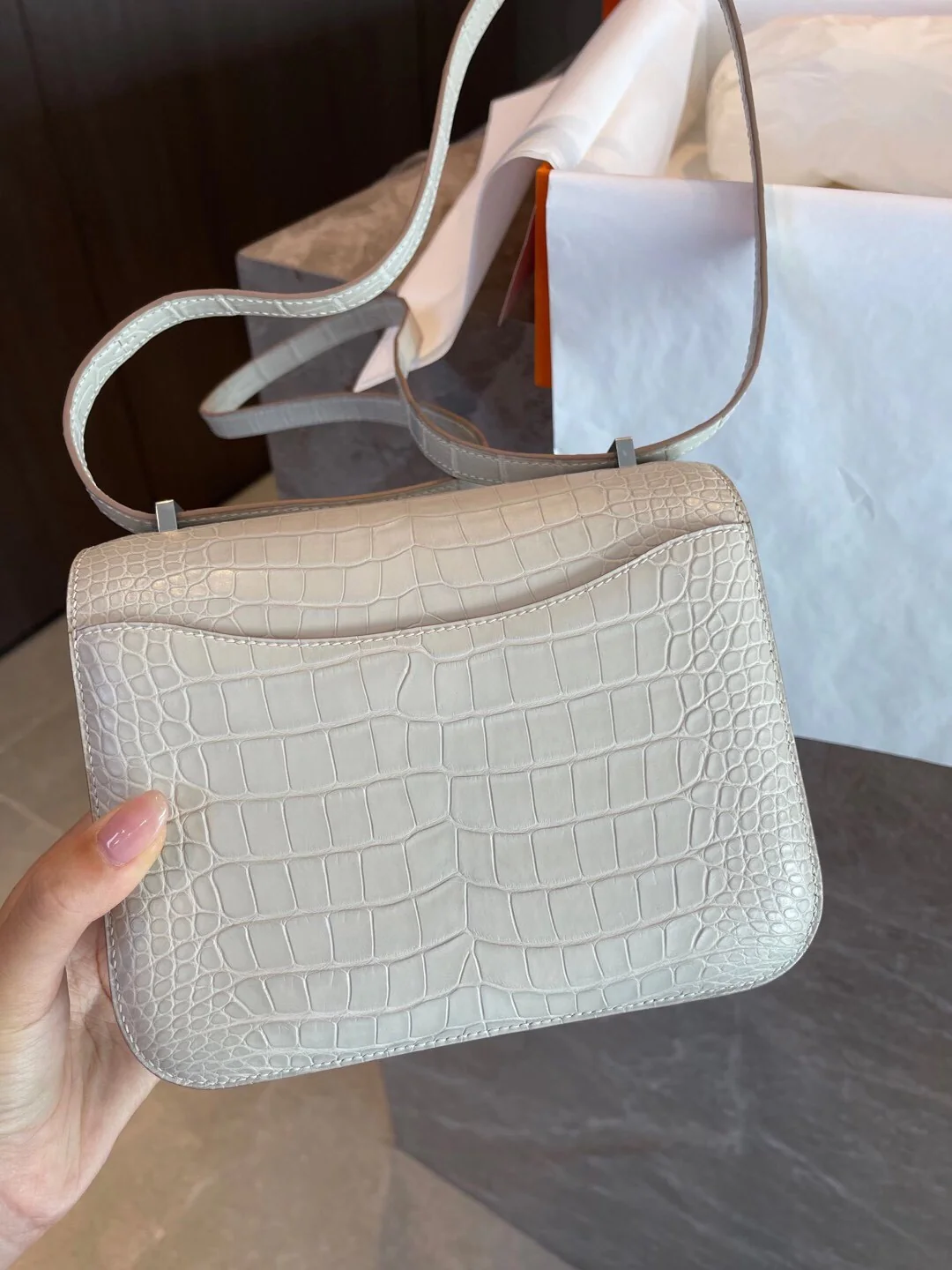 Hermes Constance Mini 19-8L Beton Glacier White Silver Buckle