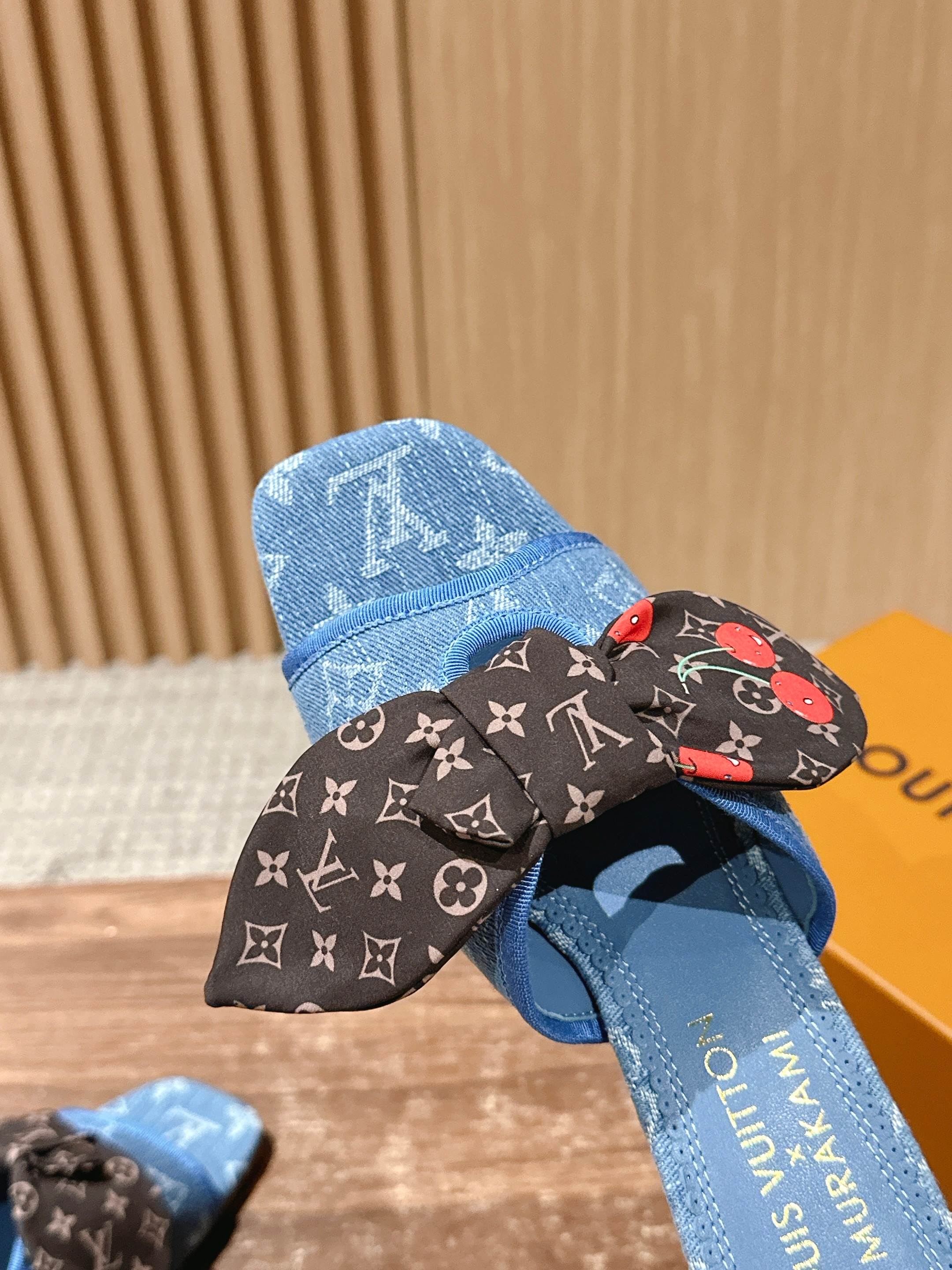 LV - Босоножки на низком каблуке с бантом и вишневым узором - Синие