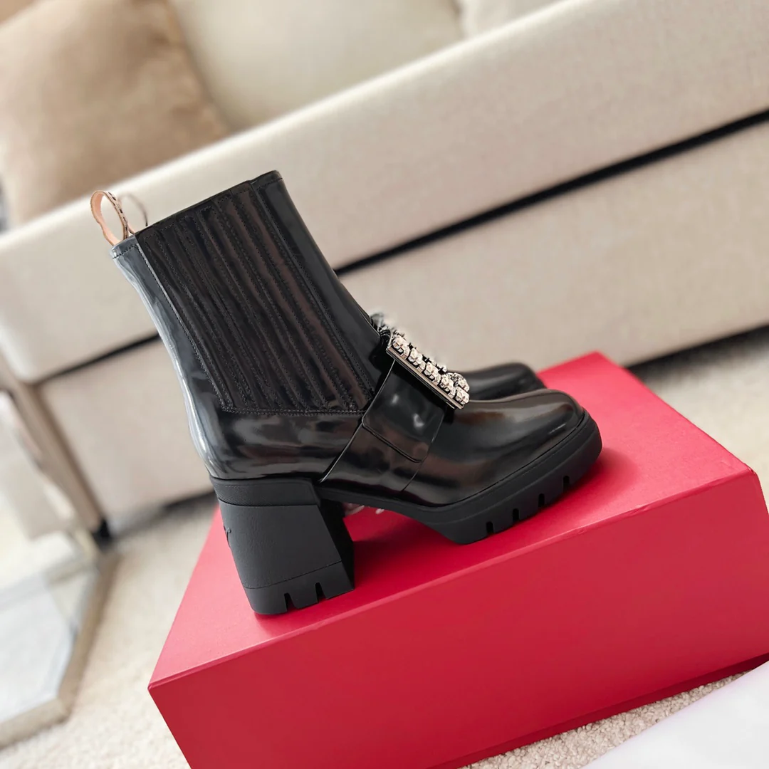 RV Shoes - 22ss - Ботинки до середины икры на массивном каблуке, украшенные стразами - Стиль Оуян Наны