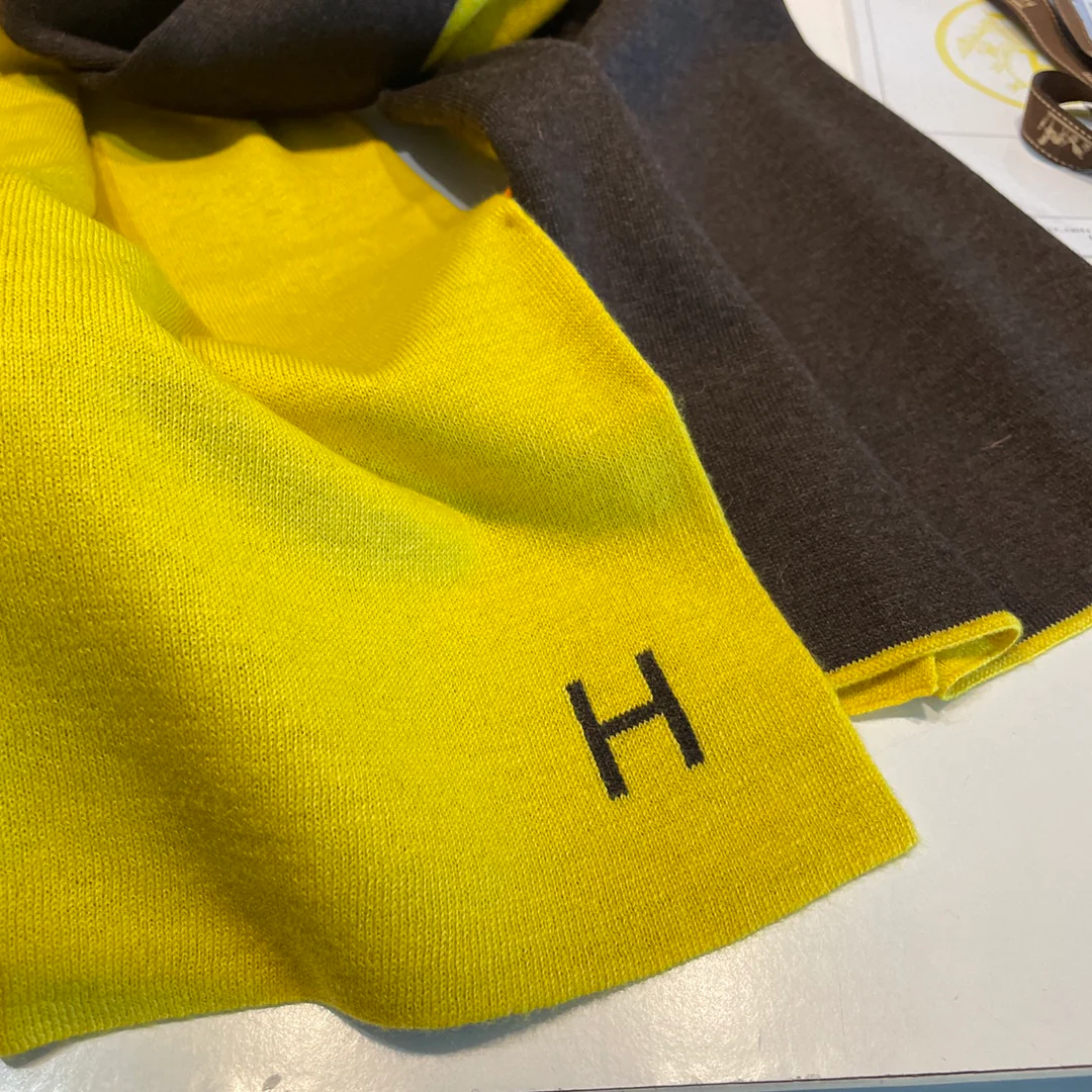 Вязаный кашемировый двусторонний шарф Hermes - 32 см - 180 см - желто-коричневый