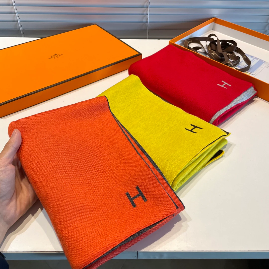 Вязаный кашемировый двусторонний шарф Hermes - 32 см - 180 см - оранжево-серый