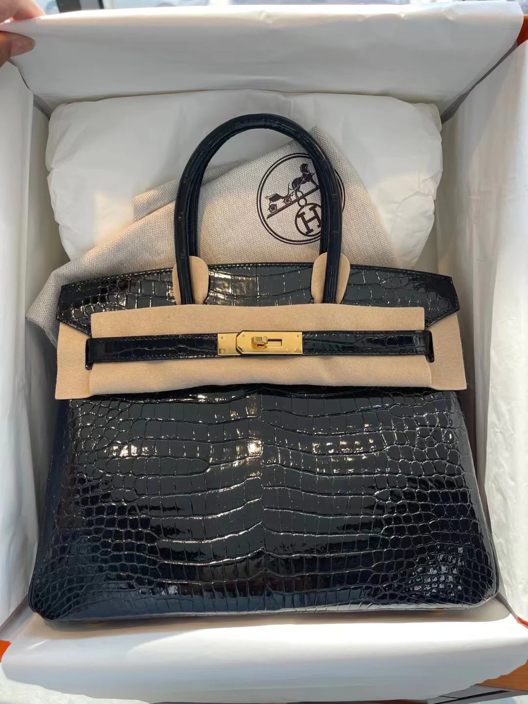 Сумка Hermes Birkin 30 из кожи аллигатора, черная, с золотой пряжкой.