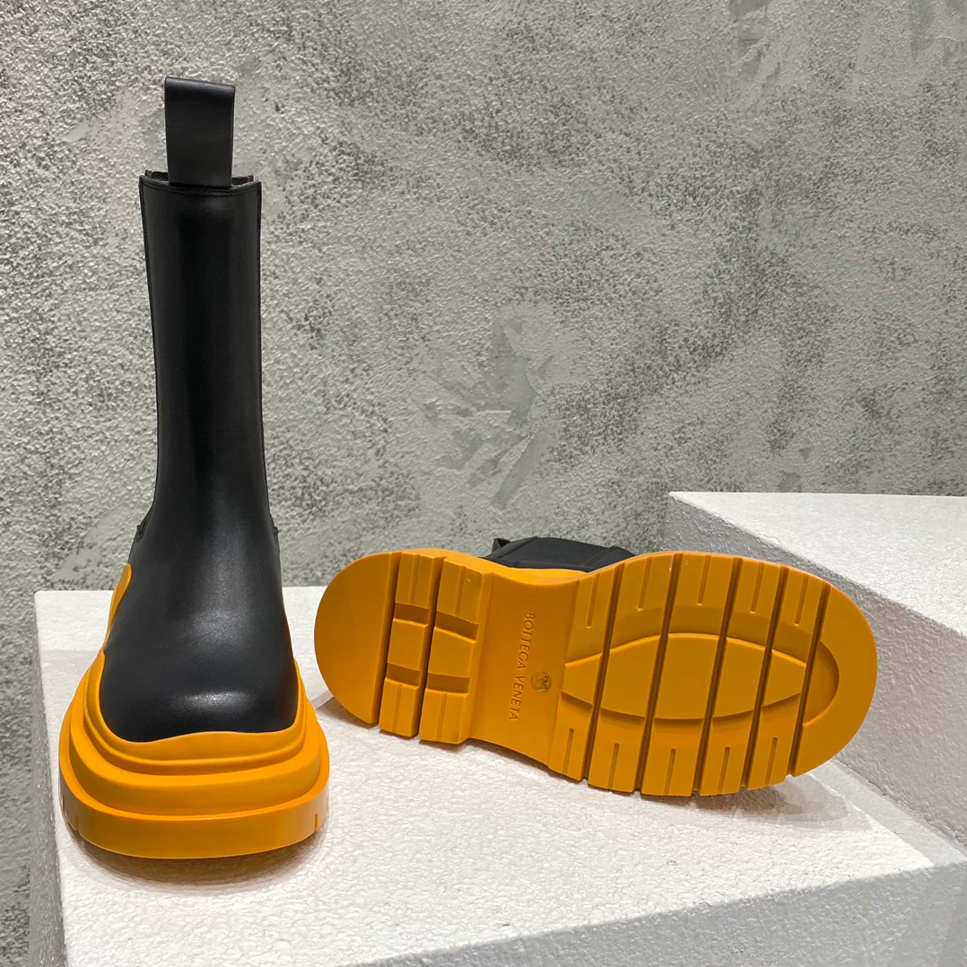 BV-22ss - Британские ретро-сапоги до середины икры - Унисекс - Черные с оранжевой подошвой