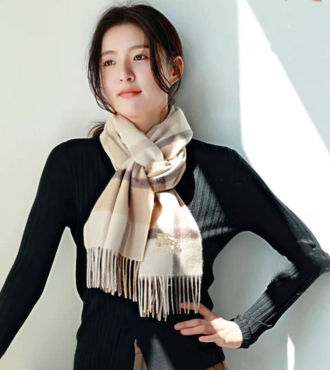 Классический шарф Burberry с кисточками - Размер 30 - 180 см - 100 г - Высококачественный чистый кашемир - Светло-коричневый