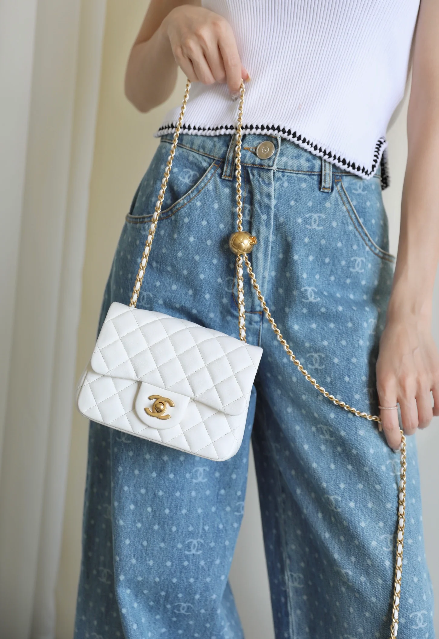 Chanel CF Gold Ball Square Fat Man - White