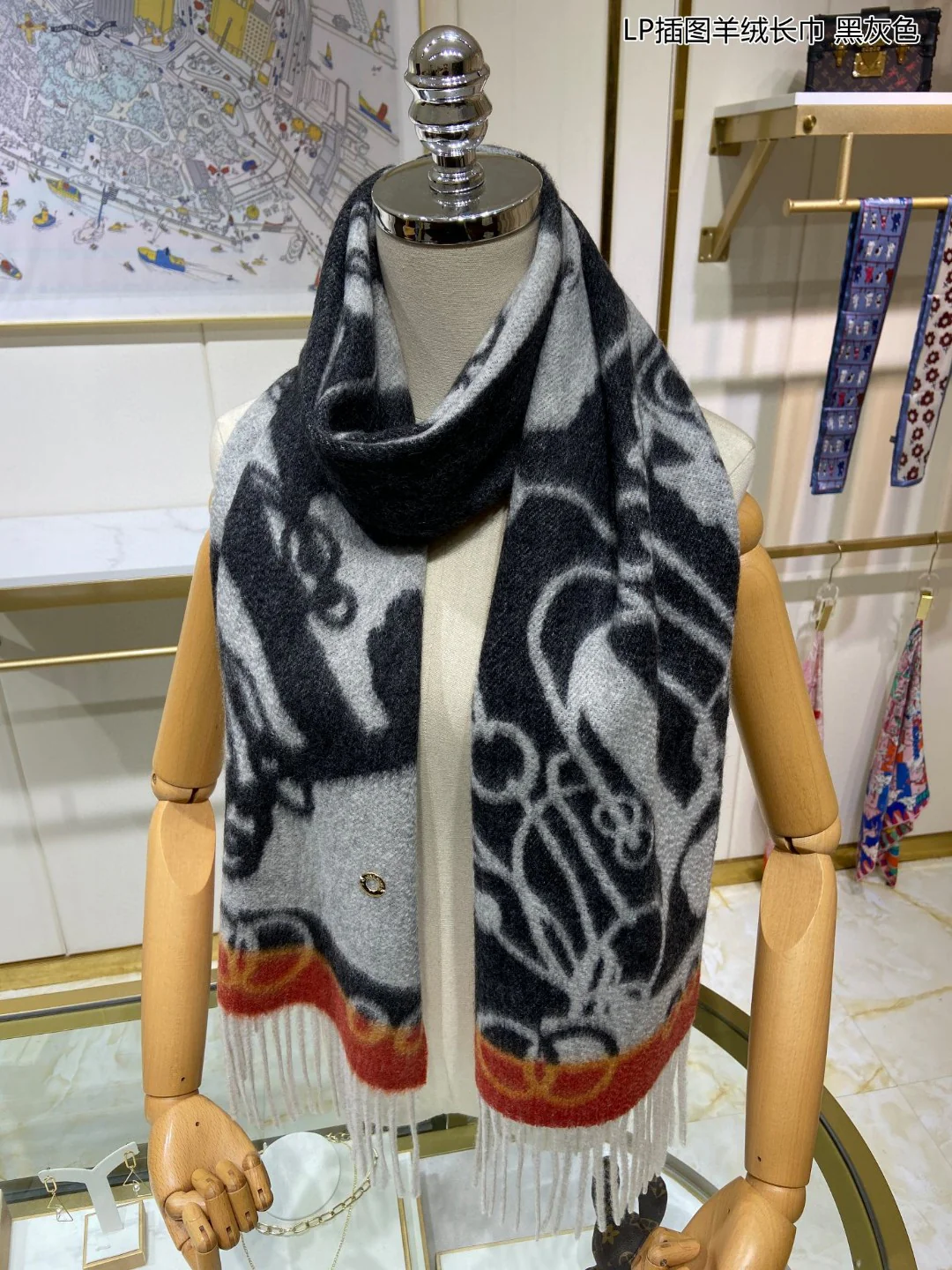 Loro Piana - Длинный кашемировый шарф с иллюстрацией - 33 см - 190 см - 100 см - Кашемир - Темный цвет