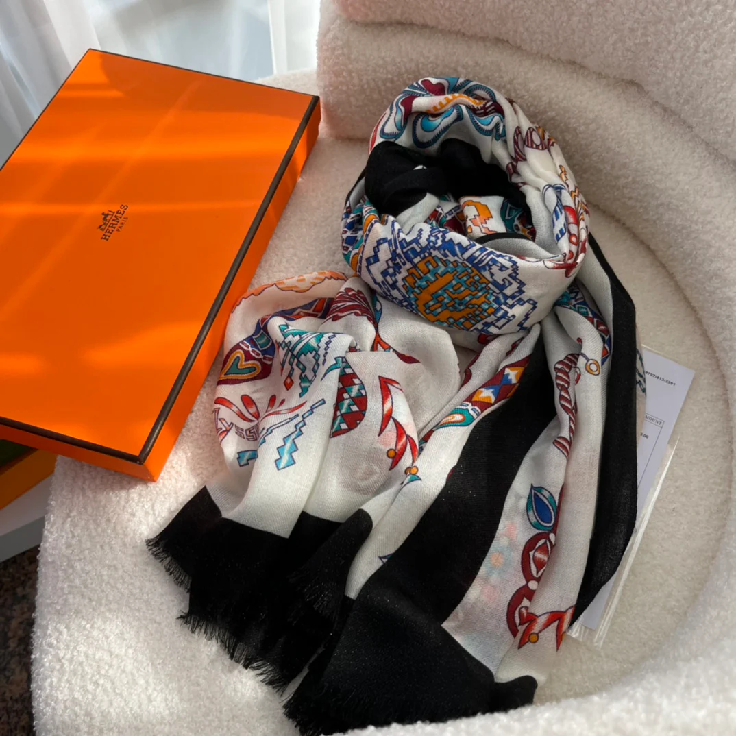 Кашемировый шарф Hermes с принтом - 105 см - 200 см - 100 см - Кашемир премиум-класса - 1 шт.