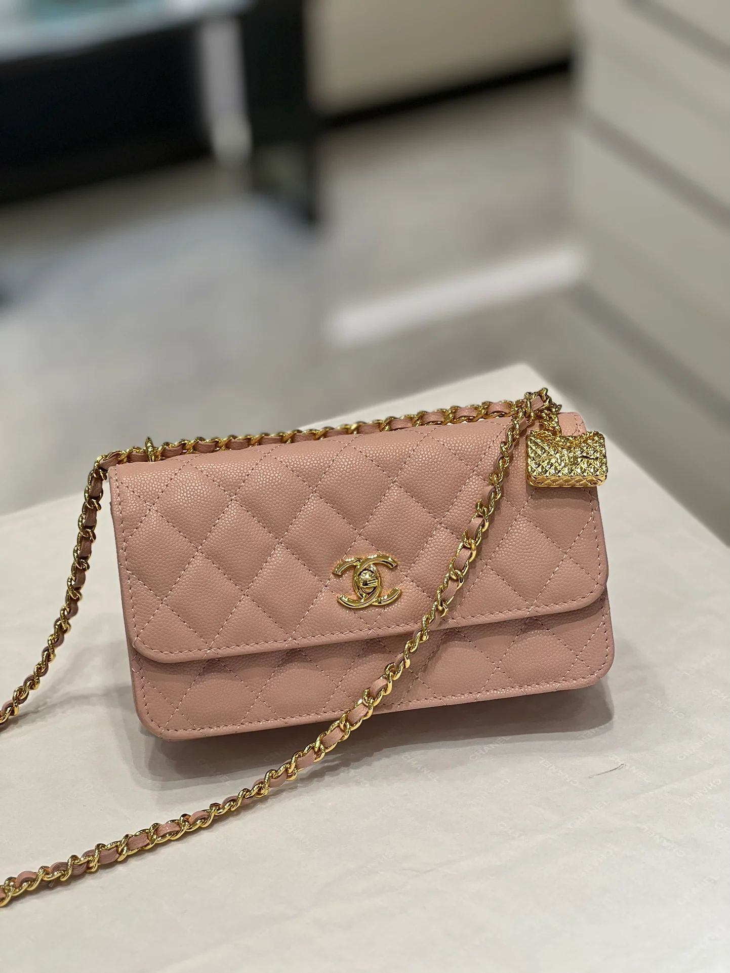 Коллекция Chanel Весна/Лето 2023 - Подвесной телефон-гармошка - WOC - Кожа с зернистой текстурой 