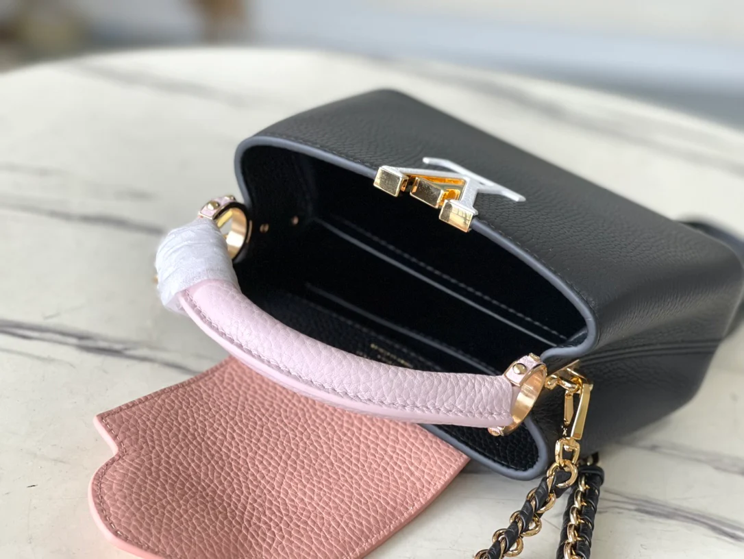 m21887-LV-Taurilon Leather-Capucines Сумка-Черный/Розовый-Мини