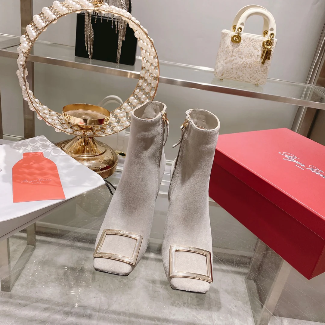 Обувь RV - Новинка осени 2022 - Металлические ботильоны с квадратным носком - Серая замша