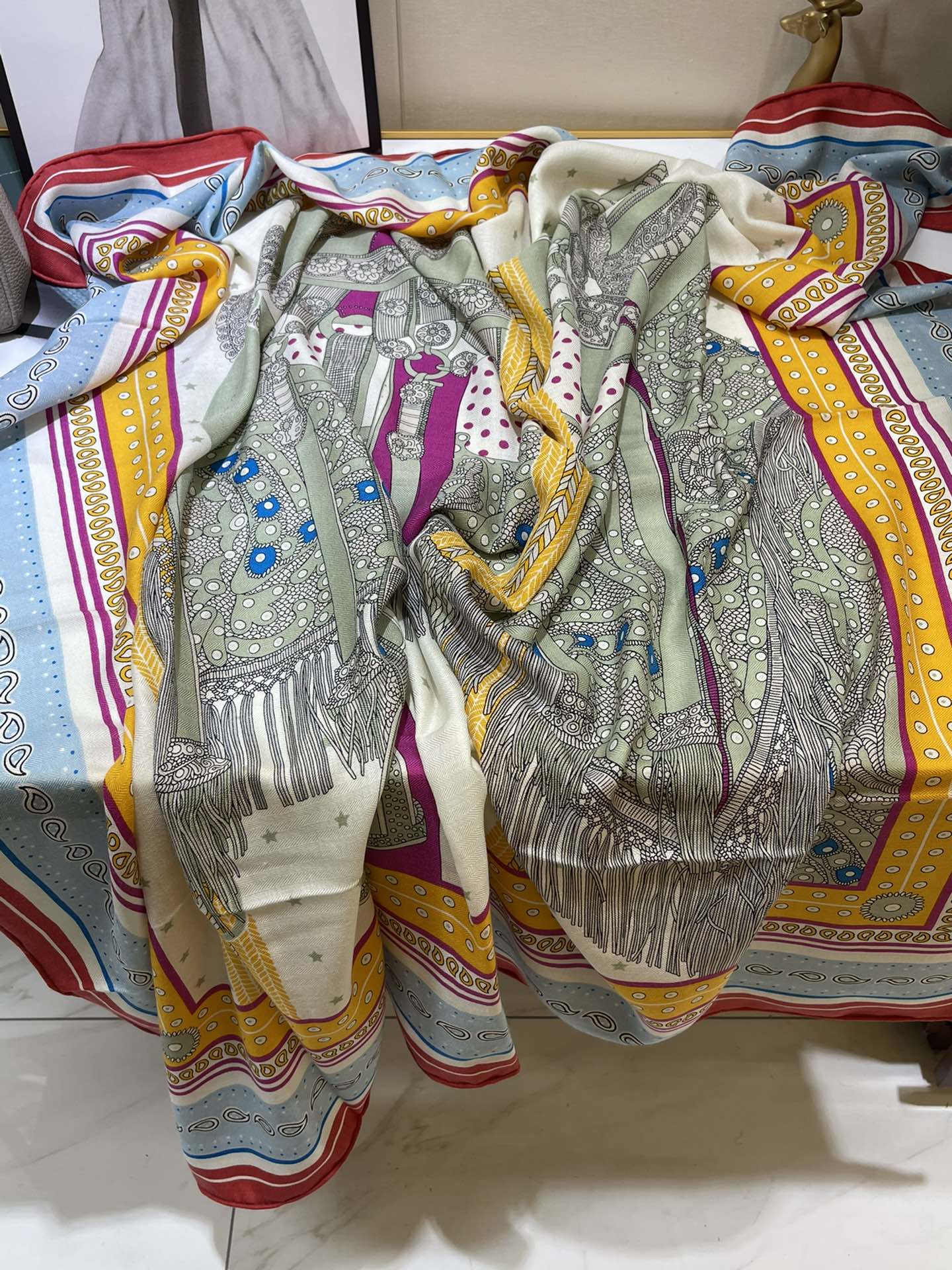 Бархатный шарф Hermes - 140 см - 30 - Шелк 70 - Шерсть