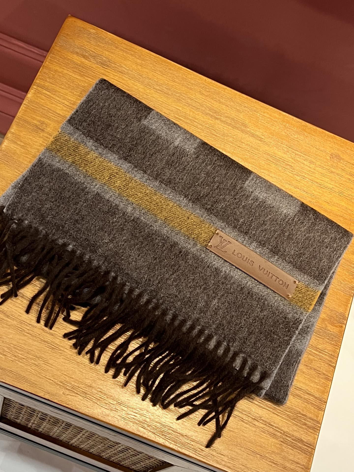 Двусторонний шарф LV Damier - 30 см (190 см) - с кисточками - 100% кашемир - темно-коричневый