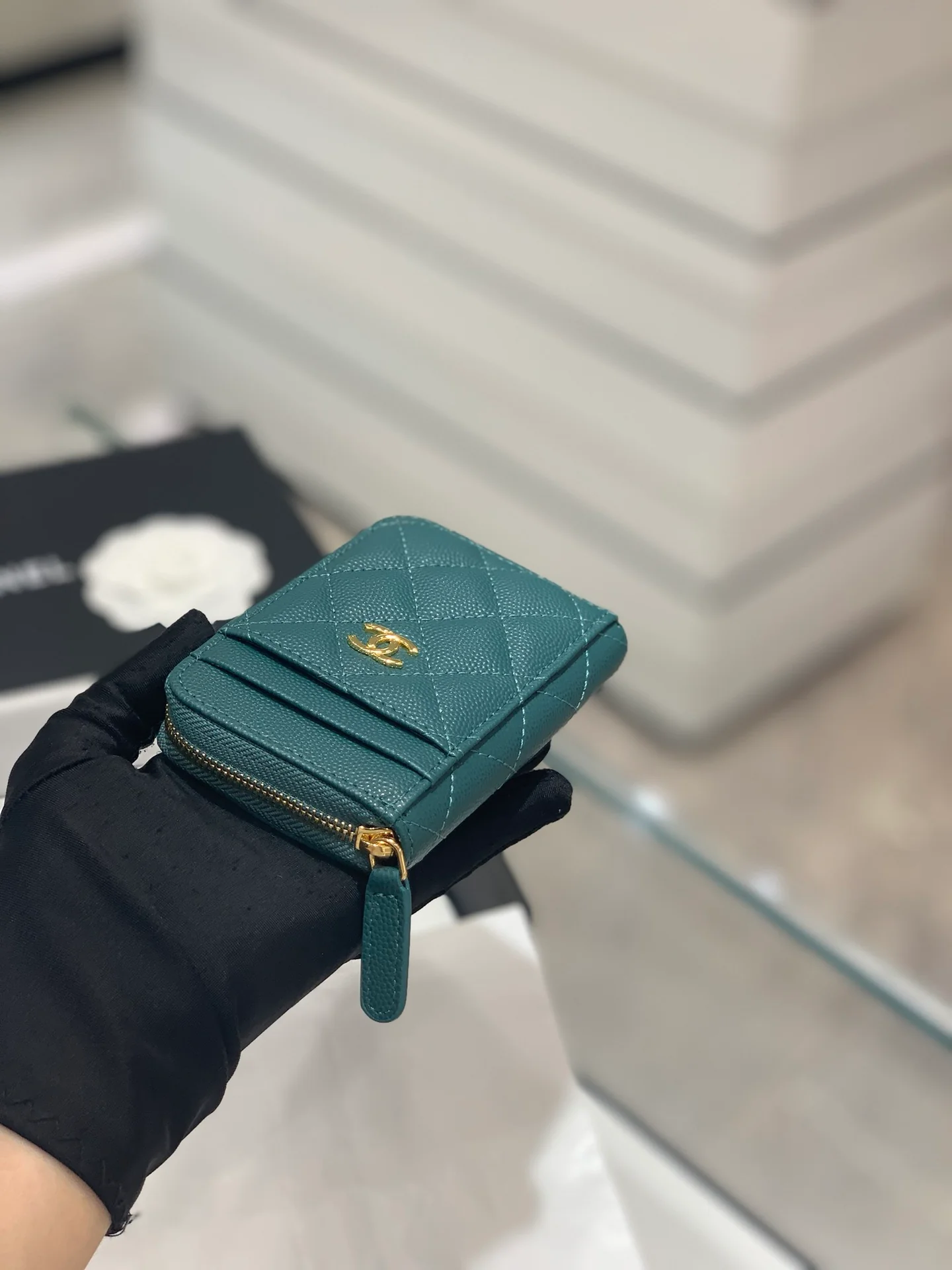 Chanel-菱格纹拉链卡包钱包 湖水绿