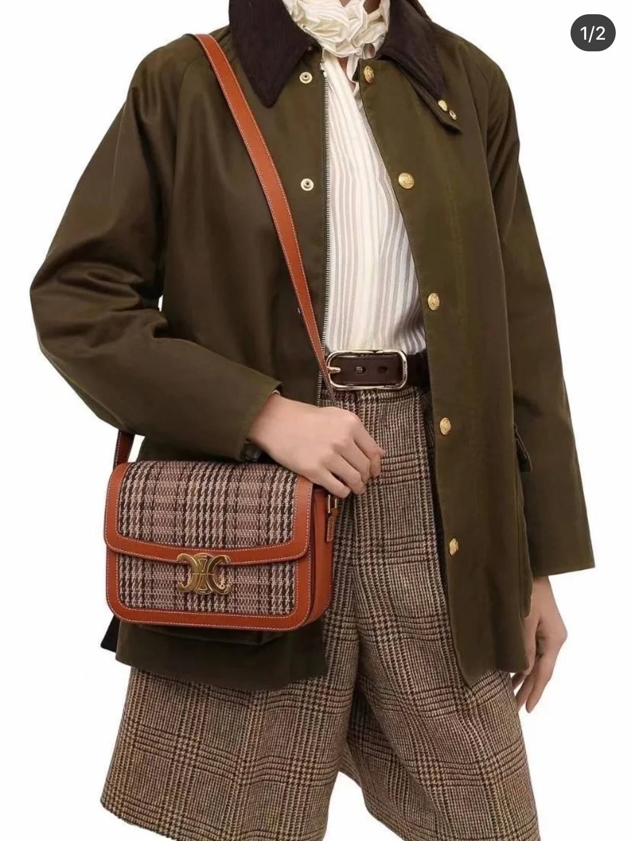 Сумка Celine Triomphe Medium из искусственной кожи и кожи вагю, в желто-коричневой клетке ?гусиная лапка?.