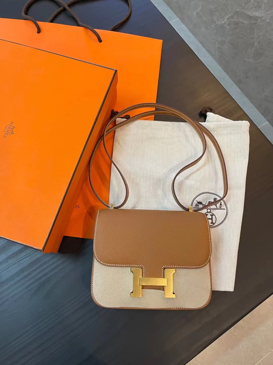 Hermes Constance 19 Epsom Mini Golden Brown Gold Buckle
