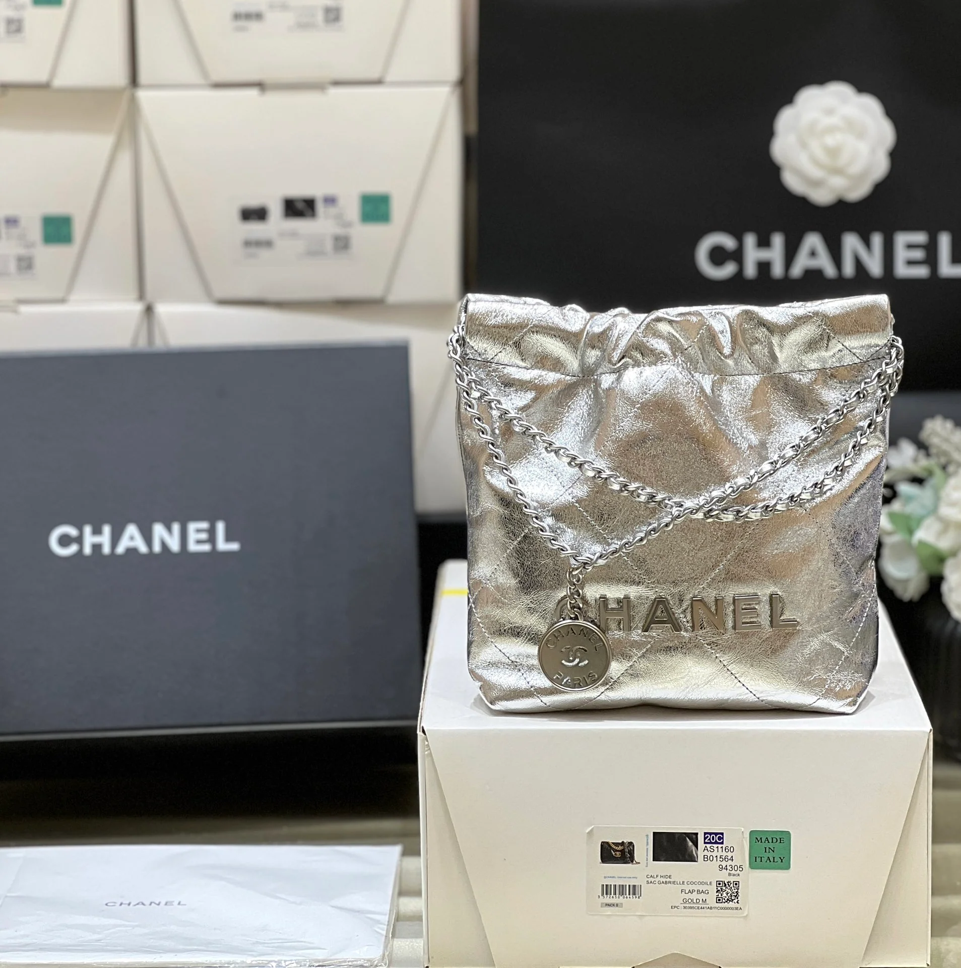 Chanel 25c 22bag mini metallic leather silver