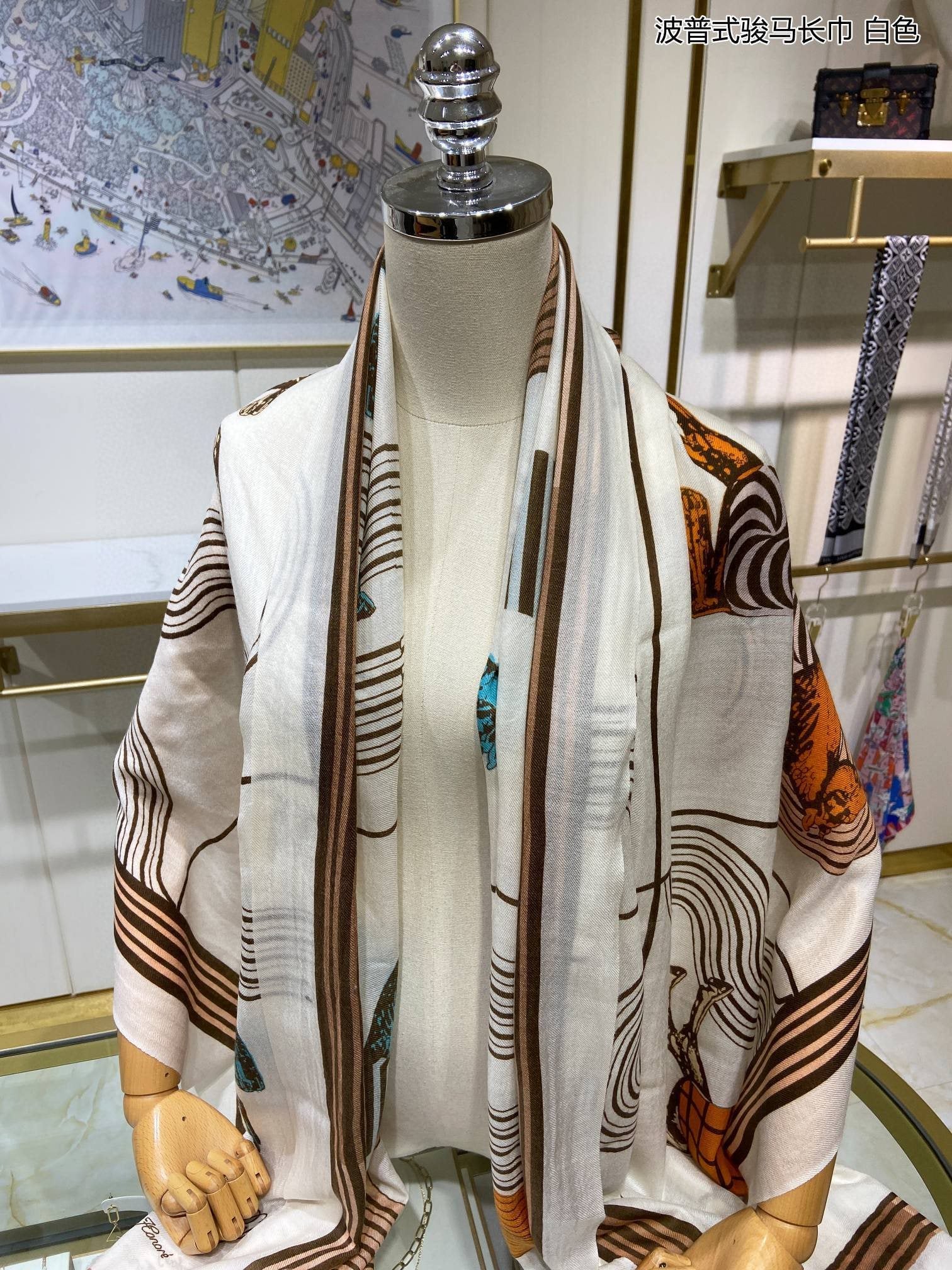 Длинный шарф Hermes Pop Art с изображением лошади - 110-200 см - 100% высококачественный кашемир - белый