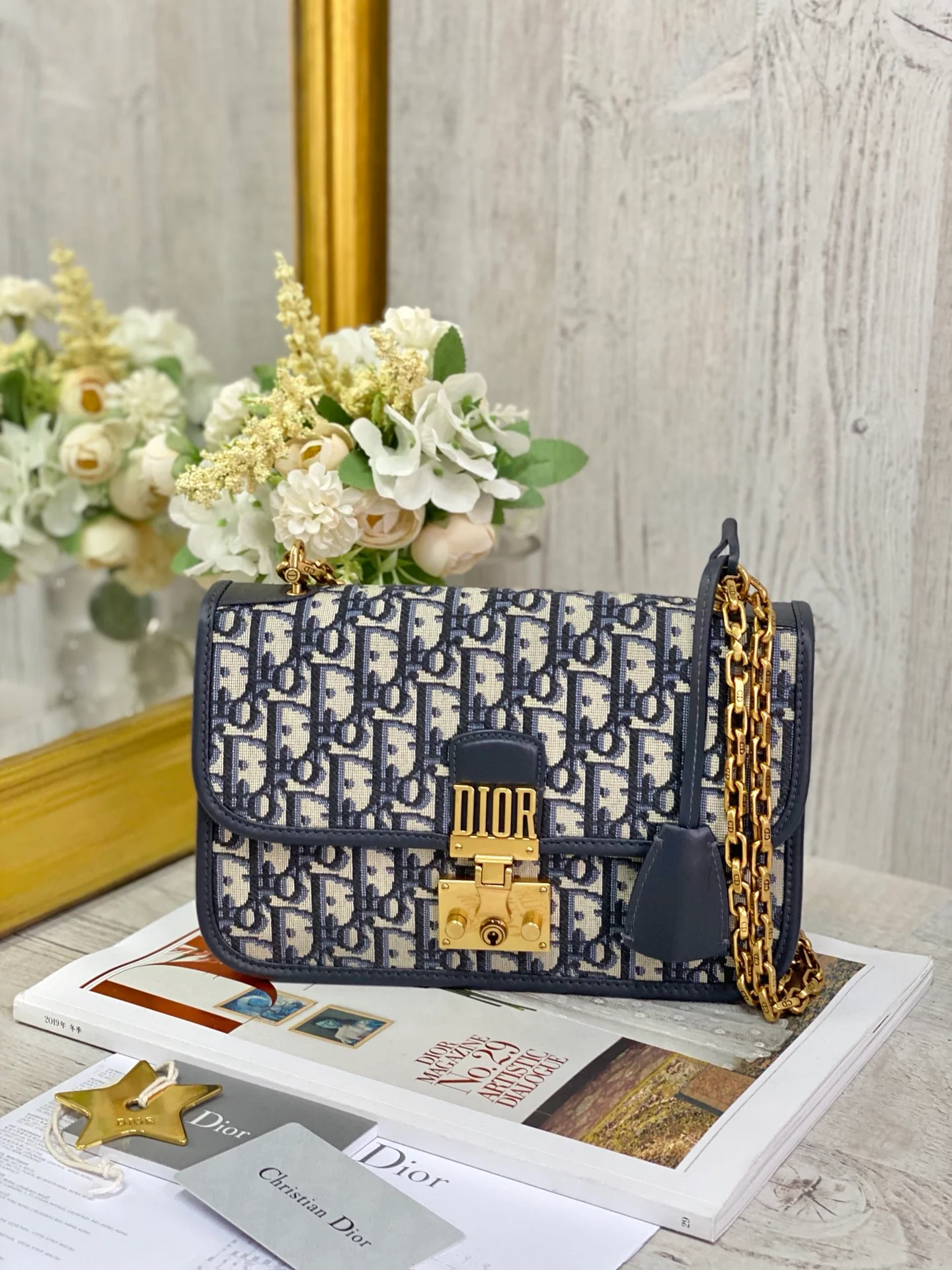 Сумка Dior WOC на цепочке - вышивка на холсте - темно-синий монограммный холст