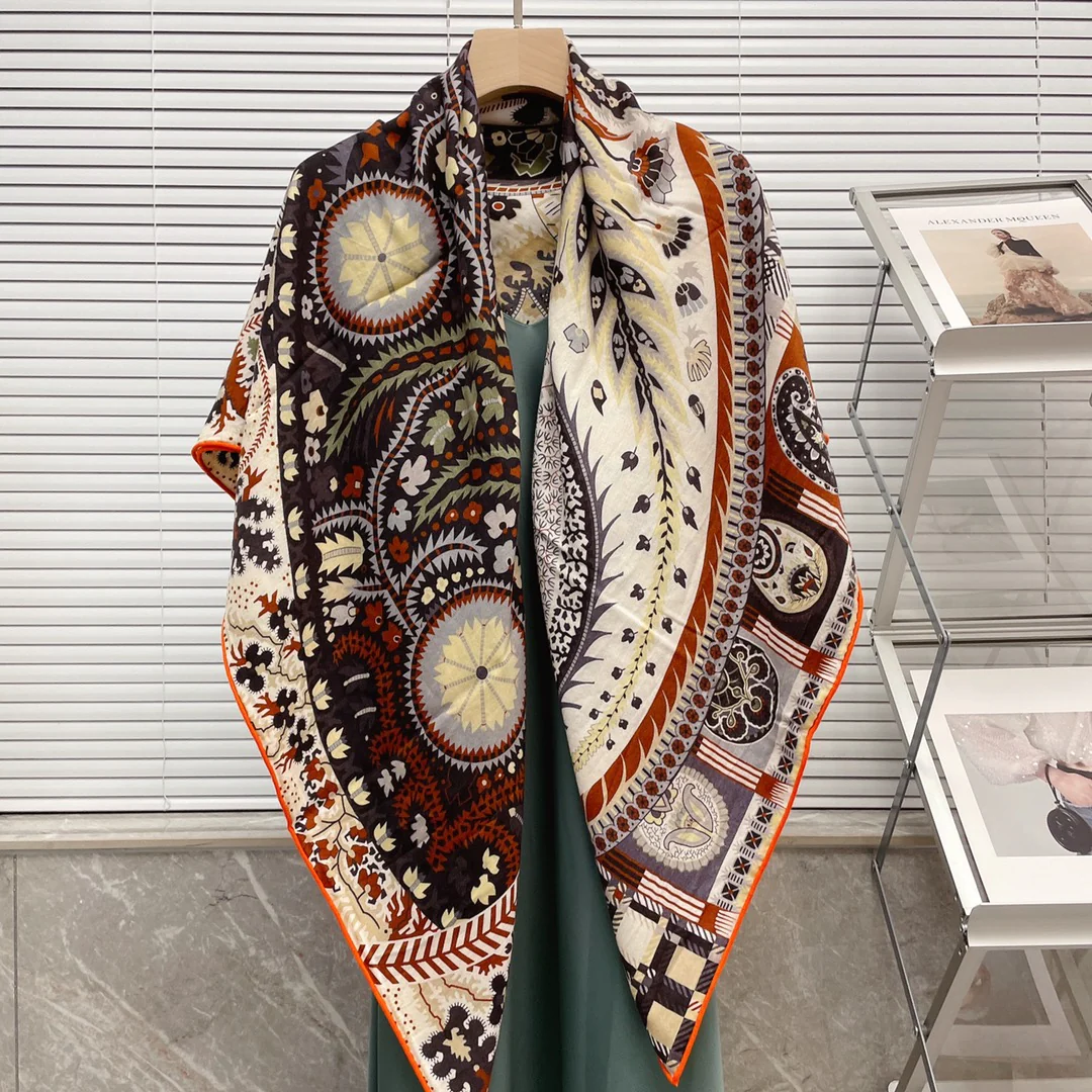 Большой двусторонний шарф Hermes - 136 см - 30 см - Шелк 70 - Шерсть - 6 см