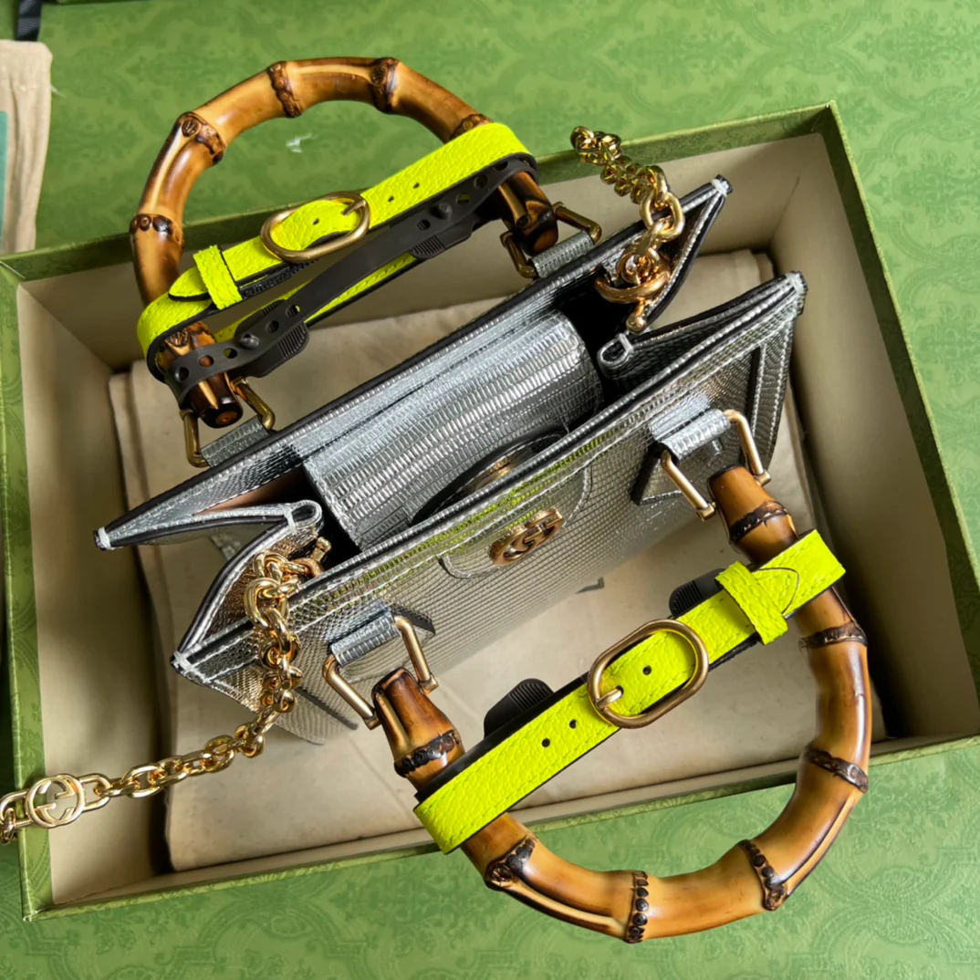 Сумка Gucci из бамбука - с рисунком серебристой ящерицы - 20x16x10 см