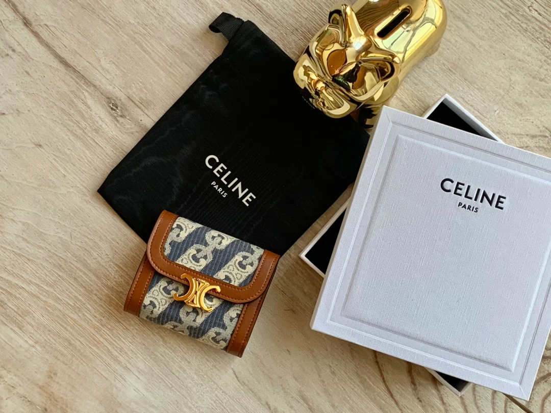 Маленький тканевый кошелек Celine Triomphe с вышивкой - синий