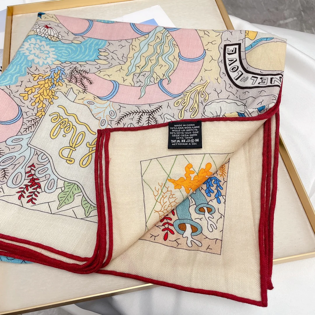 Большой двусторонний шарф Hermes - 136 см - 30 - Шелк 70 - Шерсть - 4