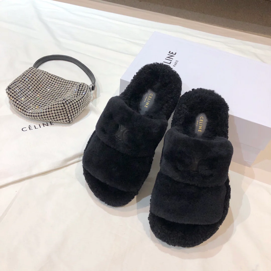 Туфли Celine - Меховые тапочки Celine - черные