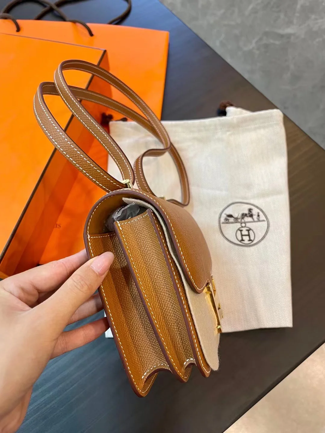 Hermes Constance 19 Epsom Mini Golden Brown Gold Buckle