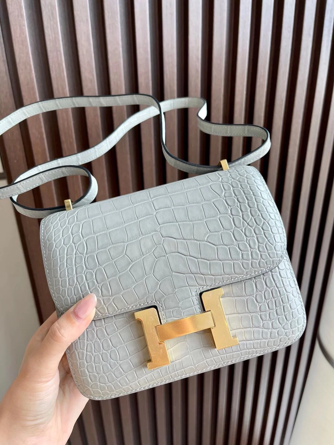 Hermes Constance Mini Матовая крокодиловая кожа, жемчужно-серый цвет, золотая фурнитура