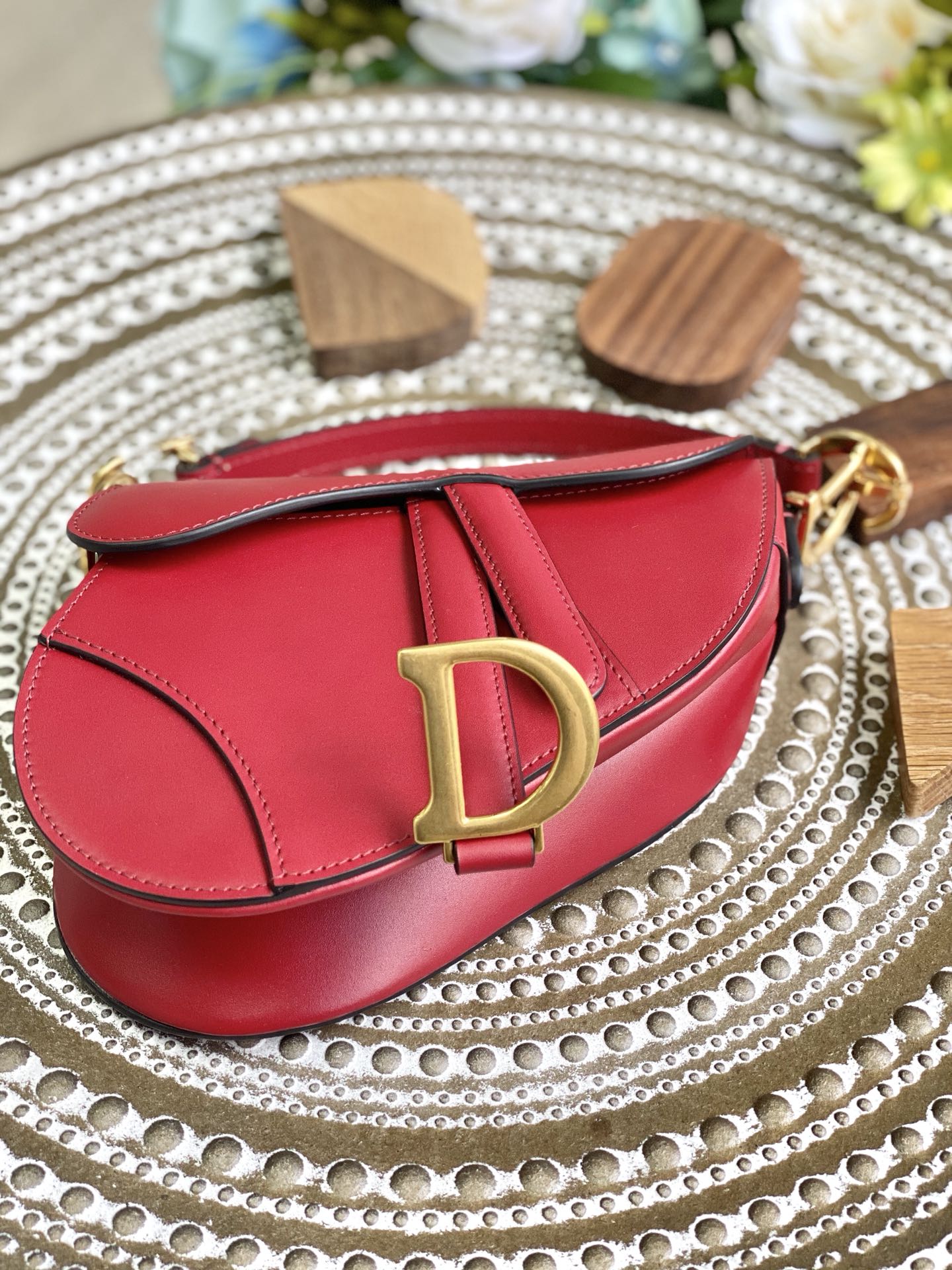 Сумка Dior Saddle Bag - с принтом пальм - маленький размер, ярко-красная - 19 см