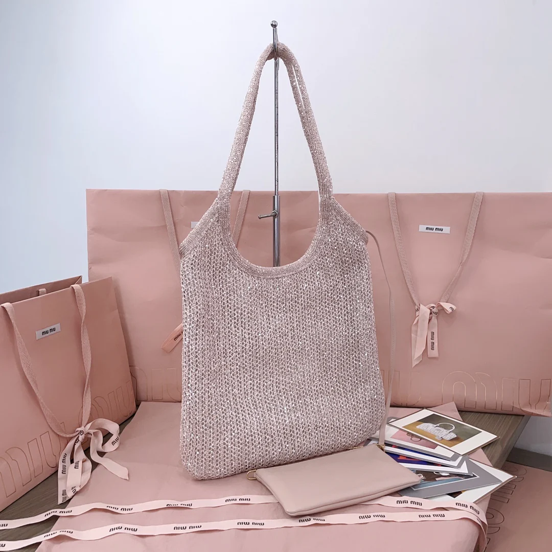 Сумка Miu Miu 5bg231 Ivy с пайетками и сетчатой ??отделкой - розовая.
