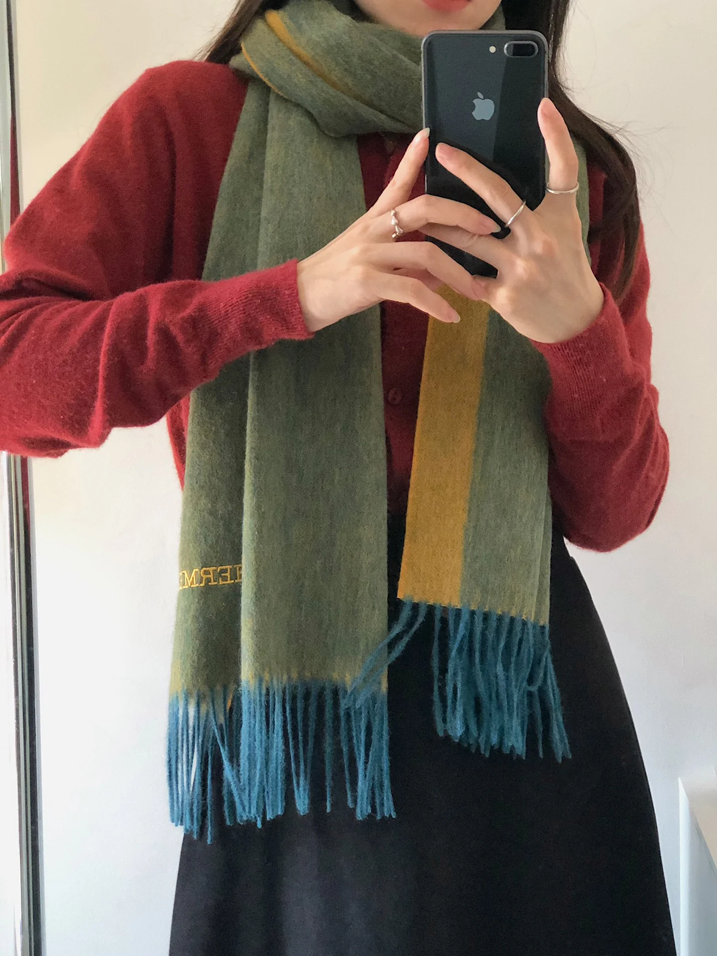 Шарф Hermes Color Block - 35 см - 190 см - зеленый