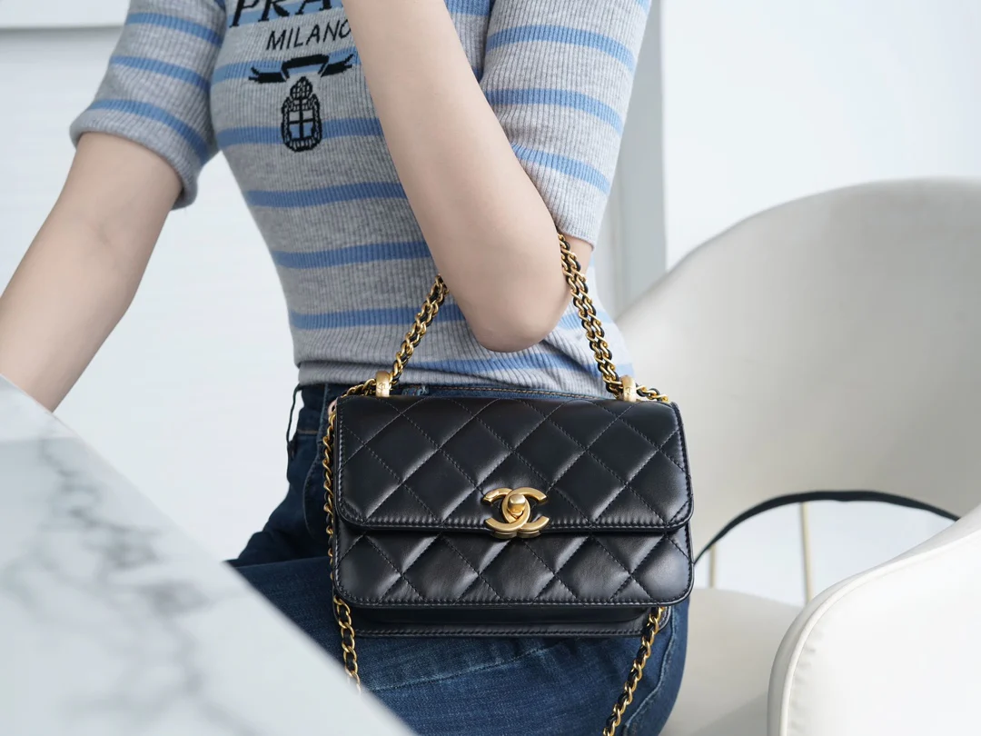 Chanel 24c Double Gold Ball CF Mini 19 Black