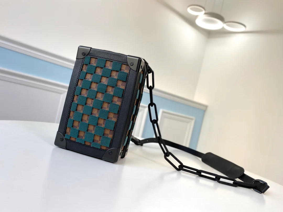 m45044-LV-mini-soft-trunk-handbag-brown flocked green embellishment