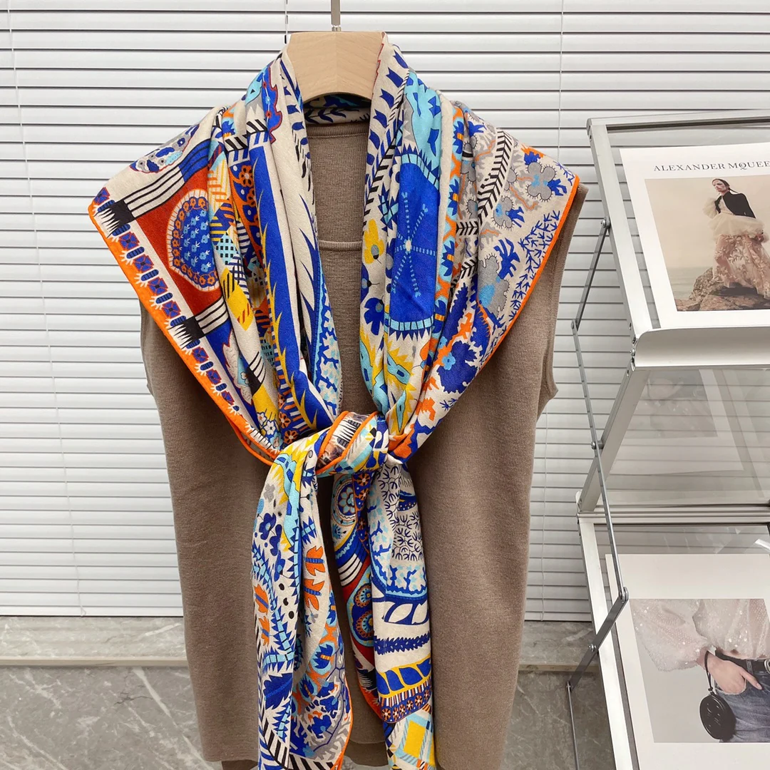 Большой двусторонний шарф Hermes - 136 см - 30 см - Шелк 70 - Шерсть 5