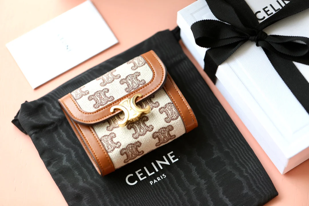 Маленький тканевый кошелек Celine Triomphe с вышивкой - коричневый