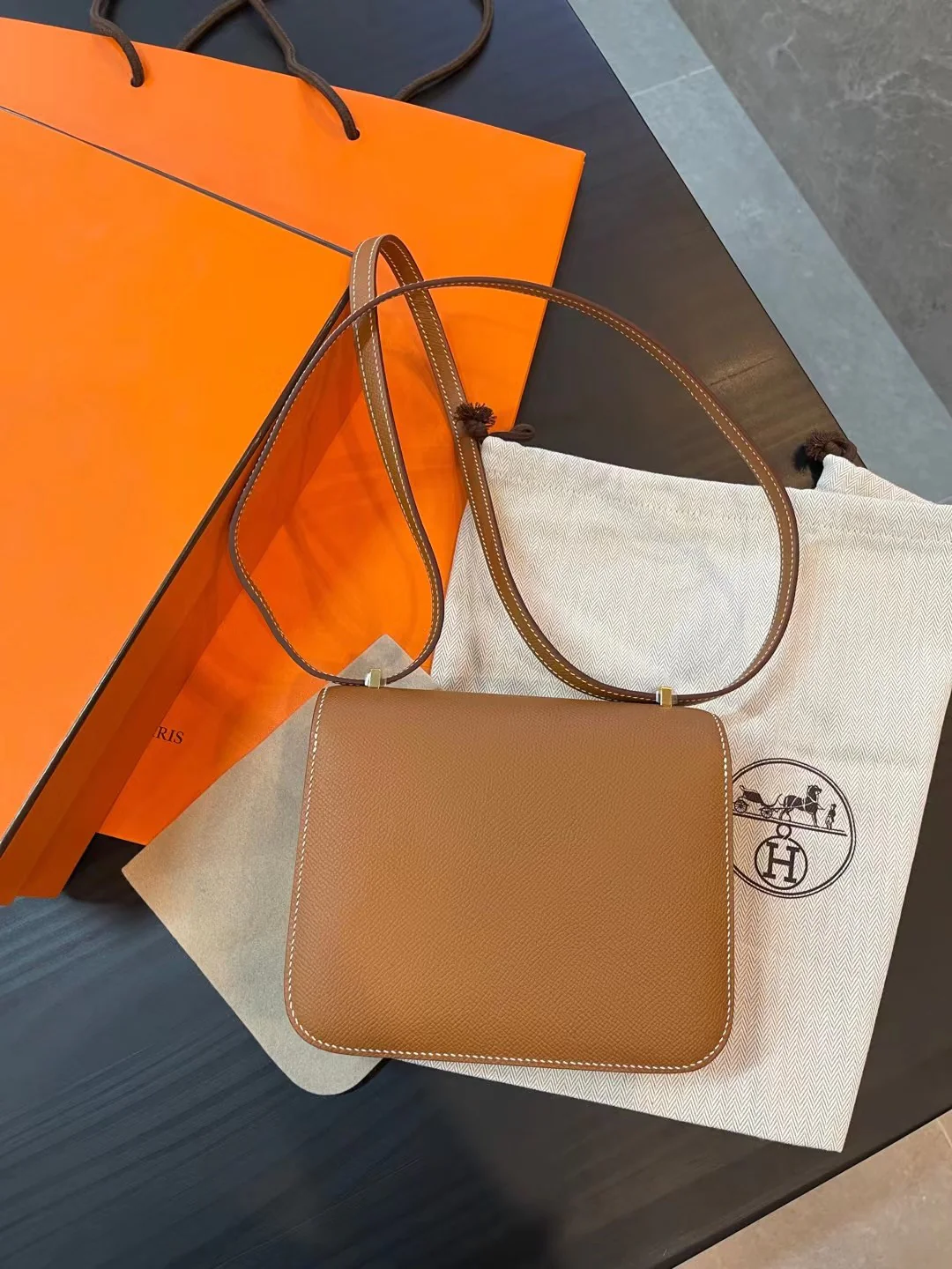 Hermes Constance 19 Epsom Mini Golden Brown Gold Buckle